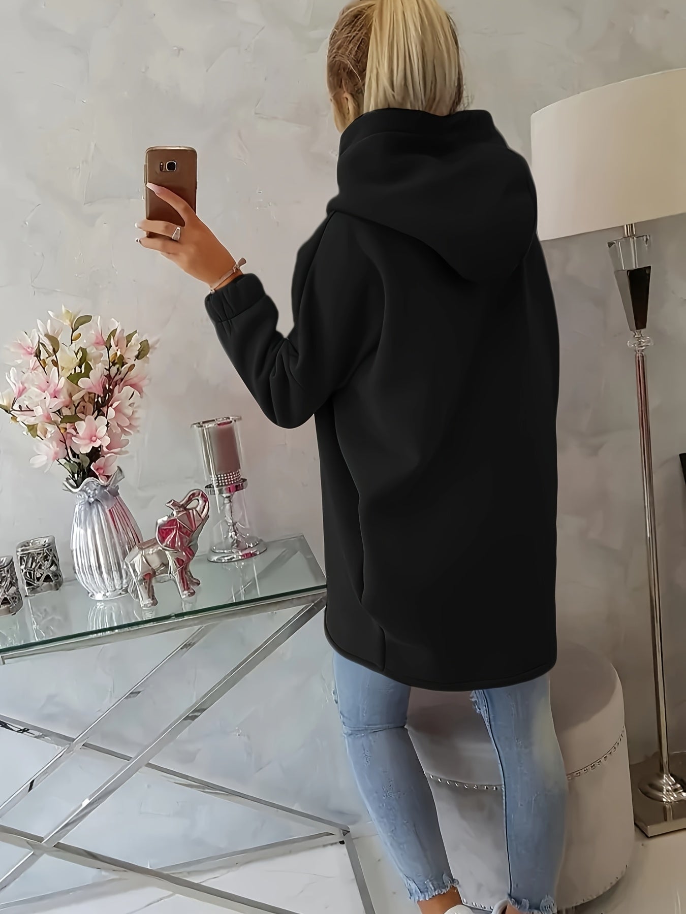 Women'S Casual Black Hooded Jacket with Front Pockets - Long Sleeve, Ripped Jeans & White Sneakers, Perfect for Spring/Fall, Autumn Fashion Jacket | Relaxed Fit Hoodie | Zippered Hoodie