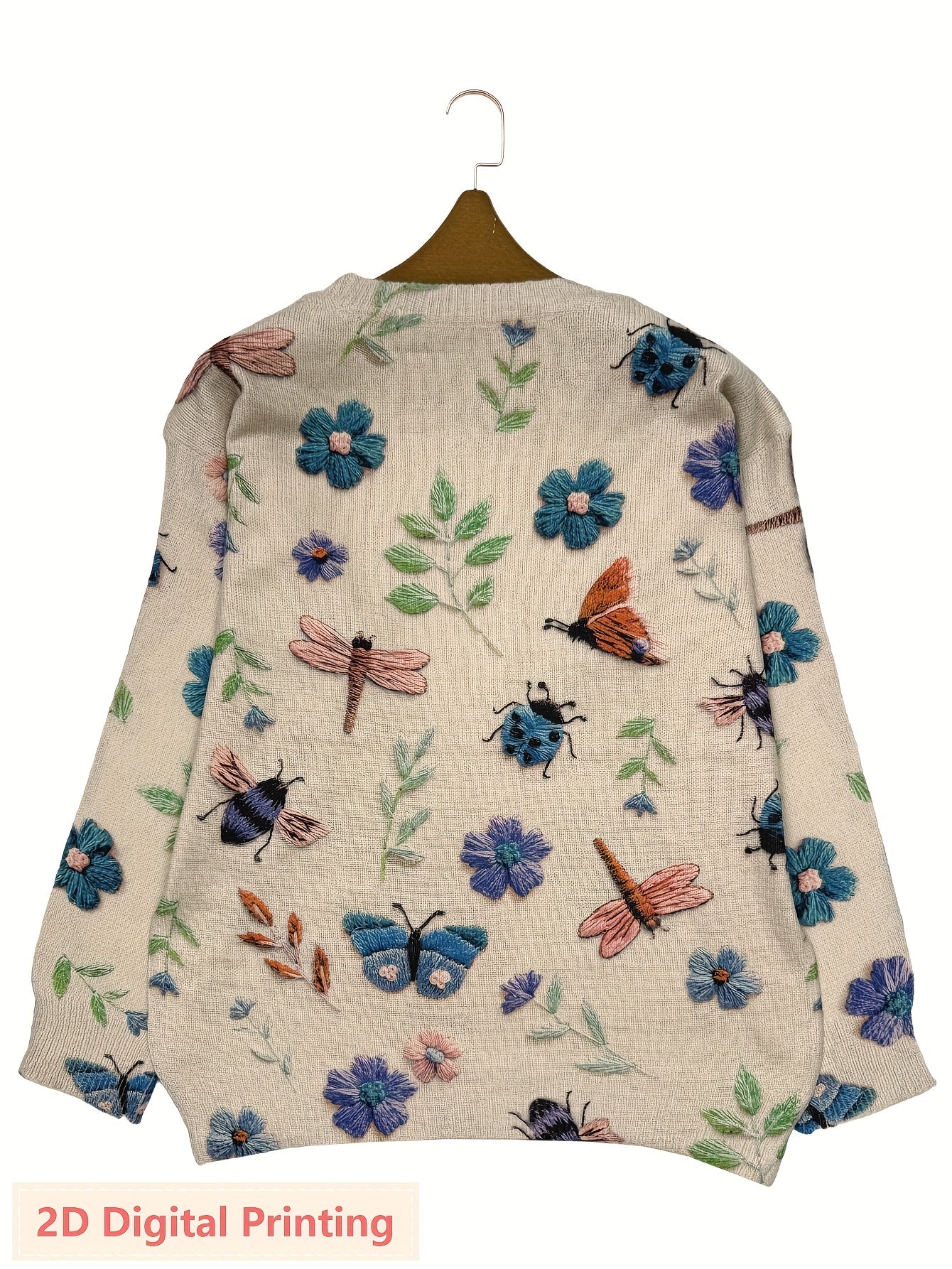 Women'S Lightweight Sweater - 2D Digital Printing-All-Over Floral & Insect Print in Beige/Red/Blue/Black/White/Gray/ - Soft Everyday Pullover for Fall/Winter - Casual Chic Sweater for Everyday & Formal Outfits - Women'S Sweater, Ladies Sweaters,