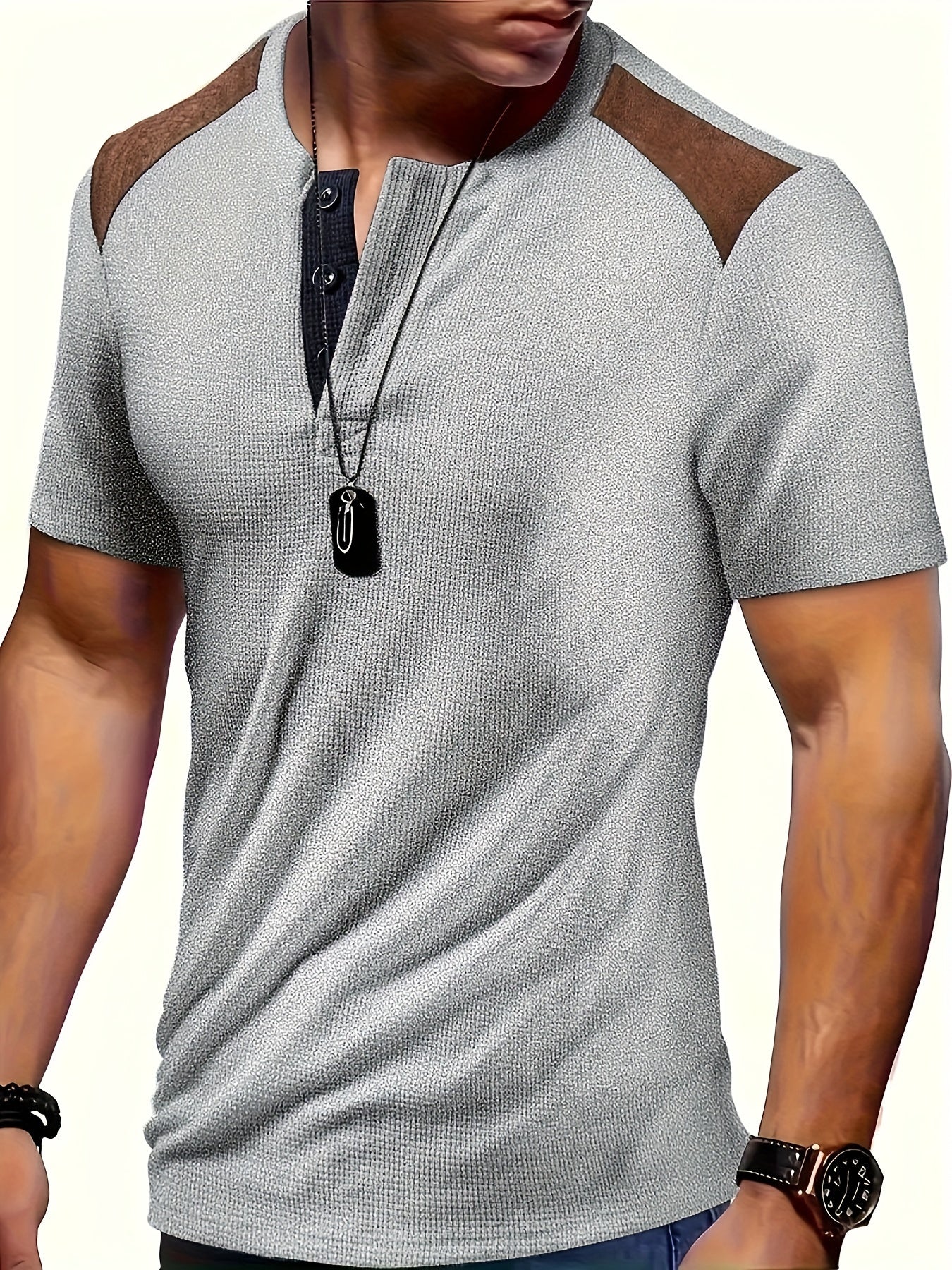 Men'S Waffle Texture Two-Tone Henley Shirt - Casual Summer Short Sleeve, Round Neck, Non-Stretch Fabric