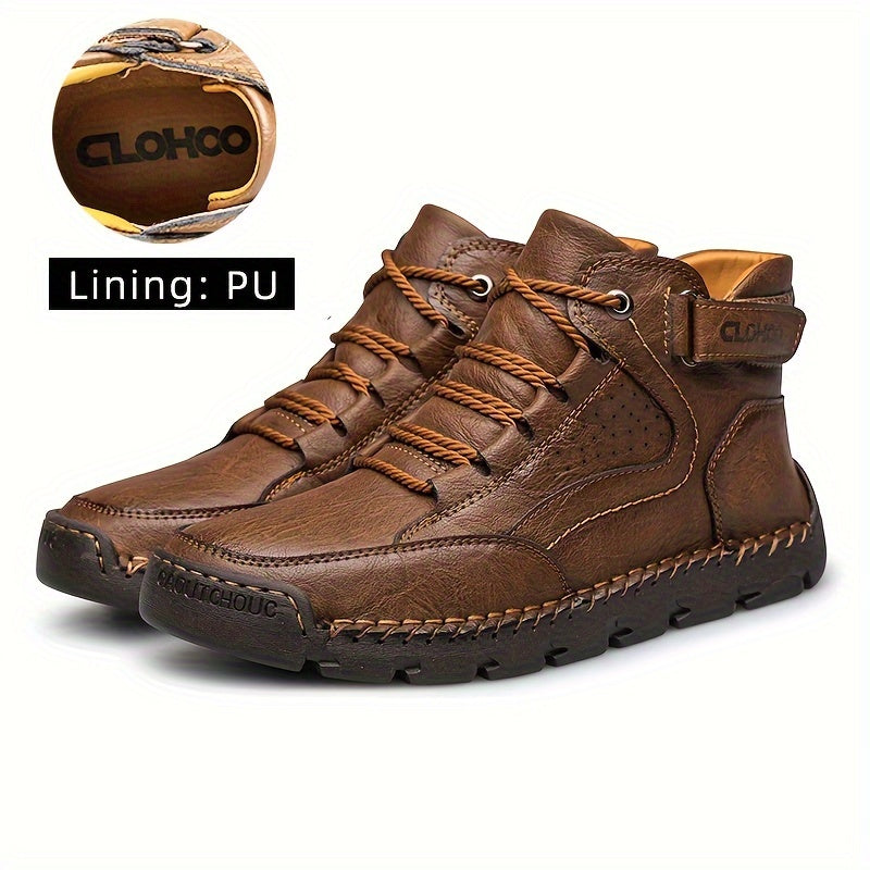 CLOHOO Men's High-Top Casual Ankle Boots, Handcrafted PU Upper & Lining, Rubber Sole with Enhanced Grip, Round Toe Lace-Up Closure, Comfortable Warm Plush Interior, Solid Color Design for Outdoor Activities - All Seasons, CLOHOO