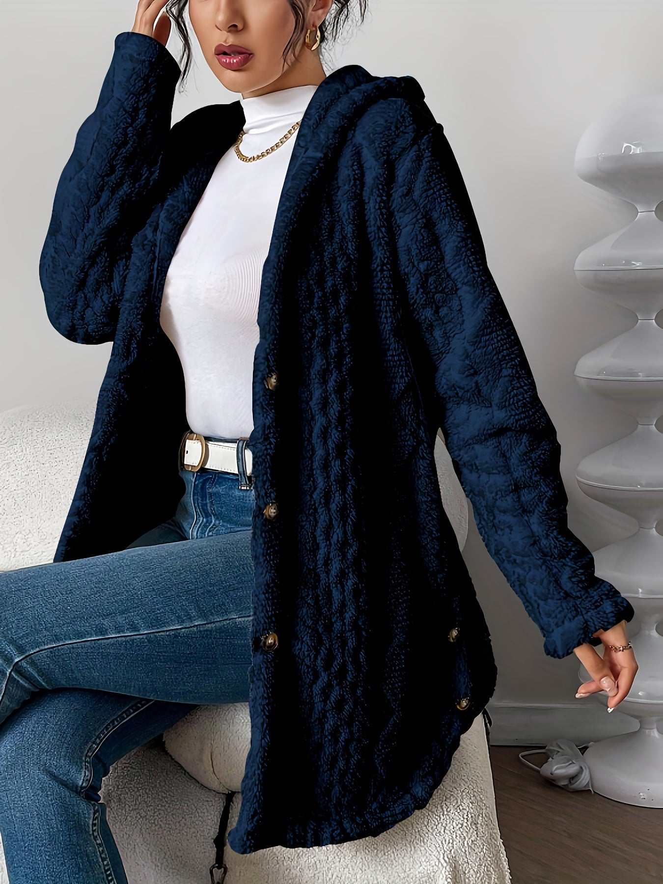 Autumn-Winter Warm Fashion Jacquard Plush Hooded Cardigan Coat
