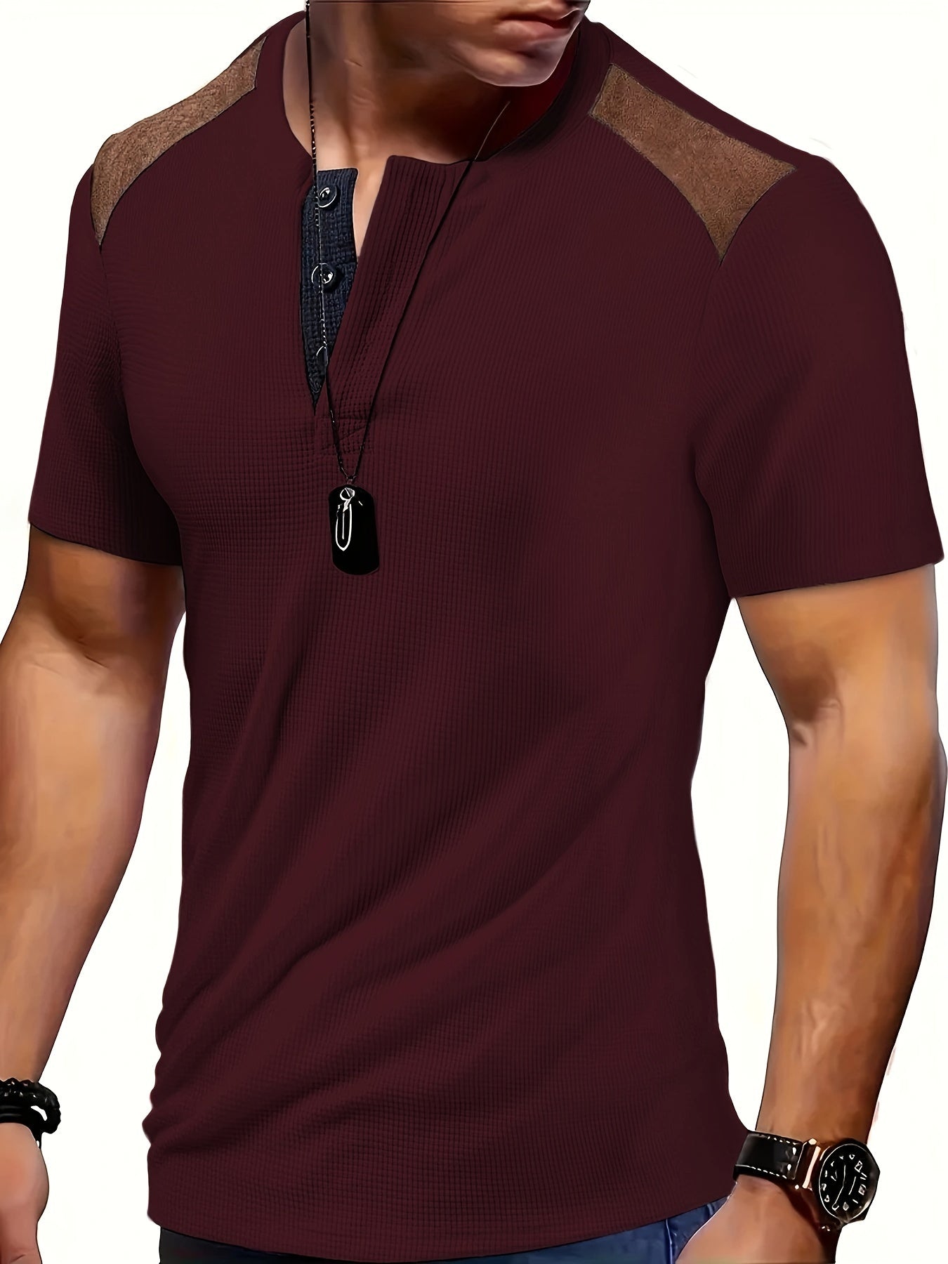 Men'S Waffle Texture Two-Tone Henley Shirt - Casual Summer Short Sleeve, Round Neck, Non-Stretch Fabric