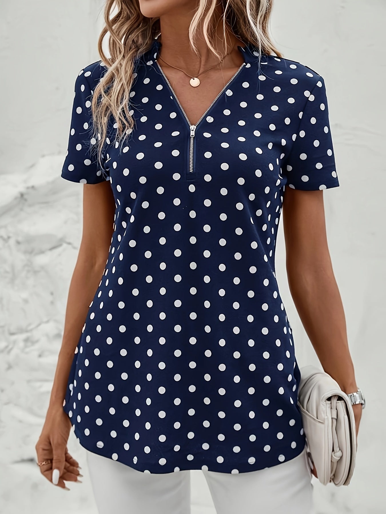 Elegant V Neck Short Sleeve Blouse - Polka Dots Print, Zipper Front, For Spring & Summer, Women's Clothing