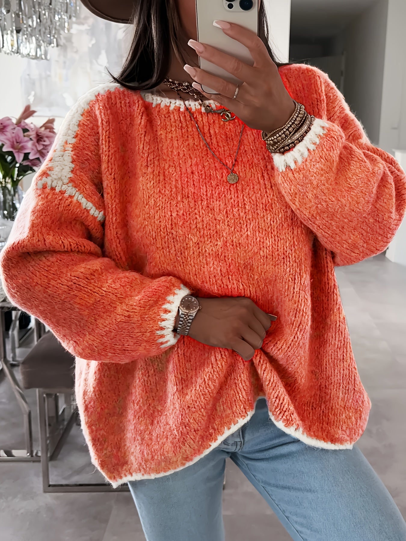 Solid Off-the-Shoulder Color Block Knit Sweater - Casual, Polyester, Fall/Winter, Knit Fabric, 88.2 g/m²