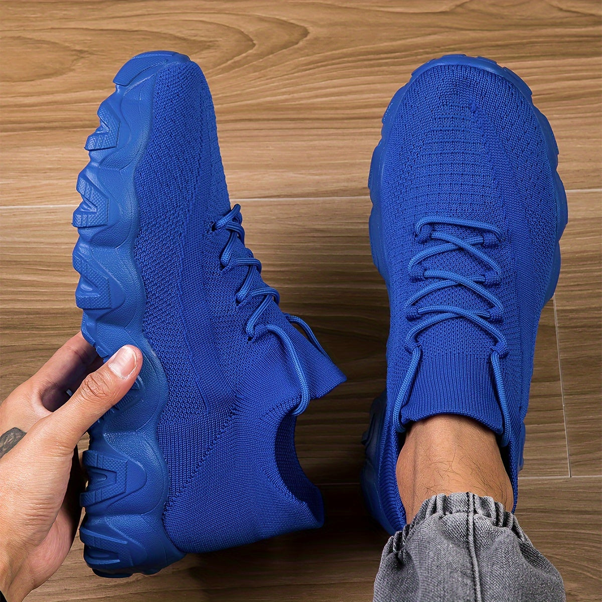 Men'S Casual Sneakers - Breathable Knit Upper, Geometric Pattern, Lace-Up Closure, Durable Rubber Sole, Comfortable Fabric Lining for Spring Sports & Casual Attire, Athletic Footwear | Geometric Pattern Shoes | Knit Construction, Sneakers