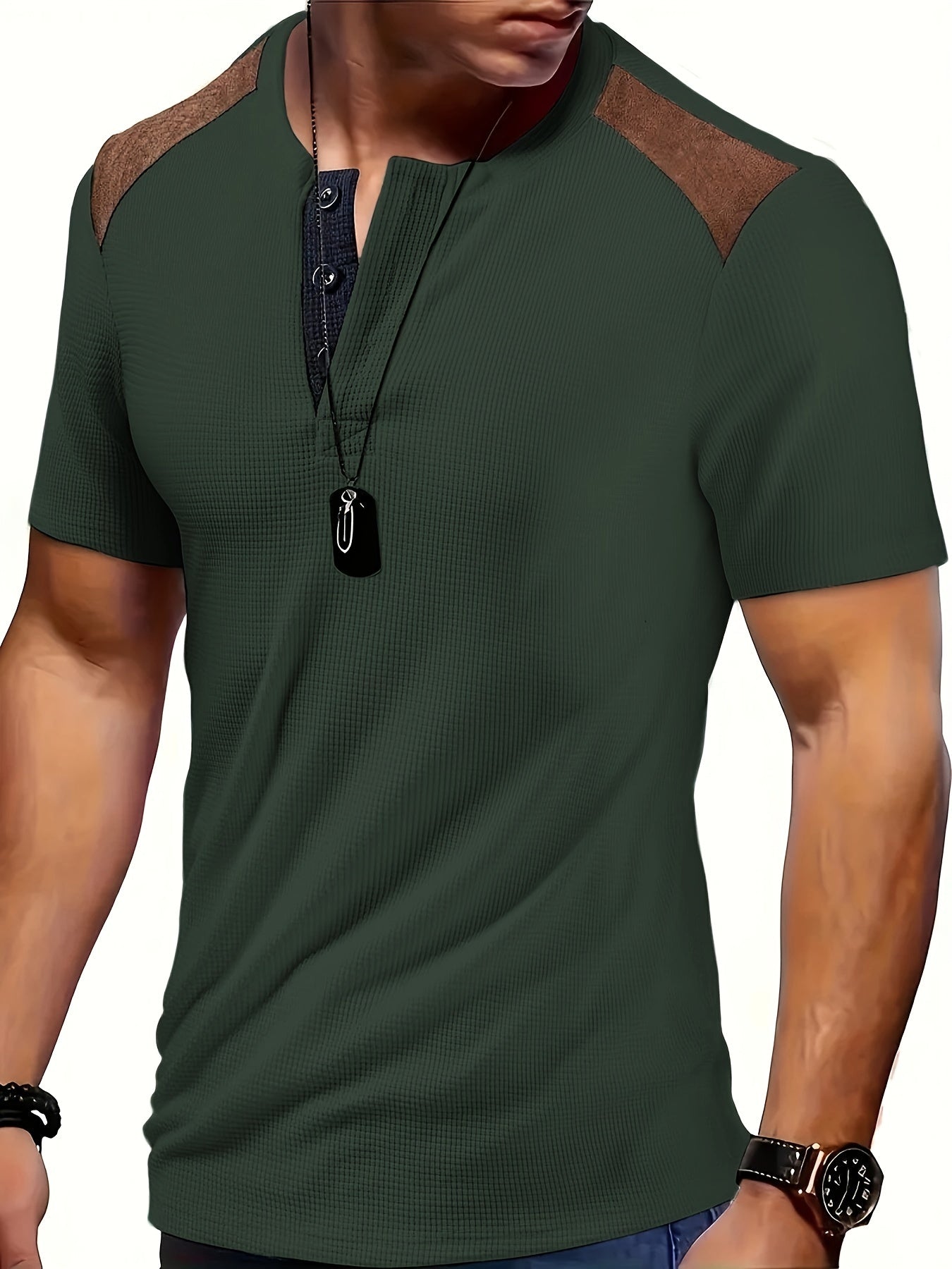 Men'S Waffle Texture Two-Tone Henley Shirt - Casual Summer Short Sleeve, Round Neck, Non-Stretch Fabric