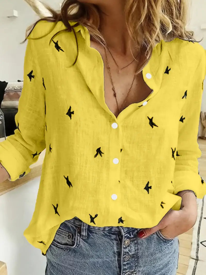 Spandex Blouse Bird Print Button