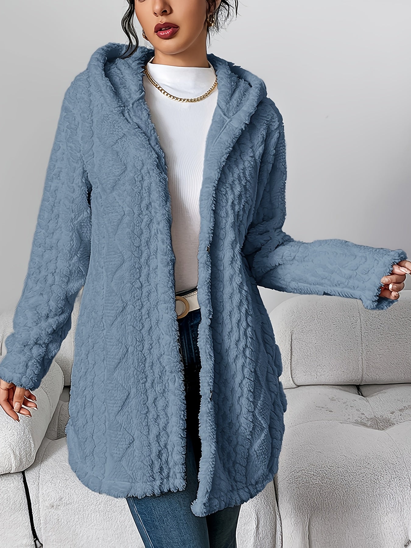 Autumn-Winter Warm Fashion Jacquard Plush Hooded Cardigan Coat