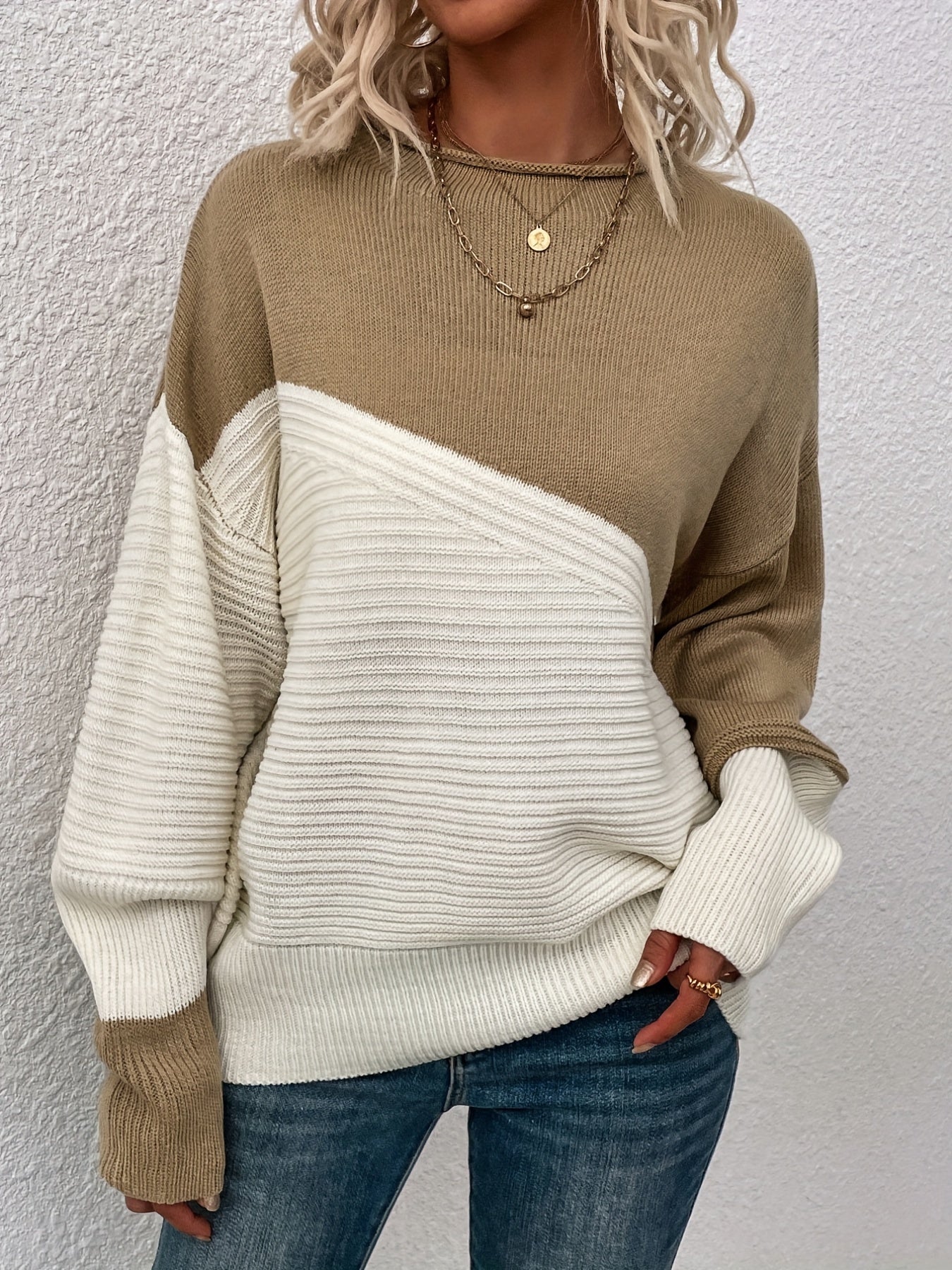 Womens Elegant Color Block Funnel Neck Pullover Sweater - Soft High Elasticity Acrylic Knit Fabric, Long Sleeve Drop Shoulder Design, Easy Care Hand Wash or Dry Clean, Perfect for Fall and Winter - Classic Style for Casual Daily Wear
