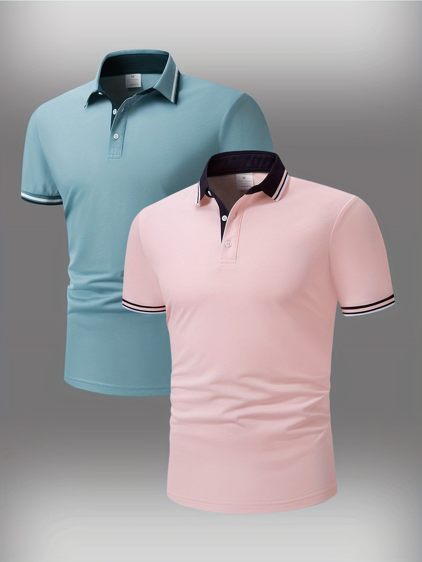 2pcs Men's Short-Sleeve Shirts with Contrast Collars - Lightweight Polyester, Pastel Blue & Pink, Turn- Collar, Button Closure, Regular Fit, Casual & Business-Casual Wear, Ideal for Summer or Gifting, Short Sleeve Tops