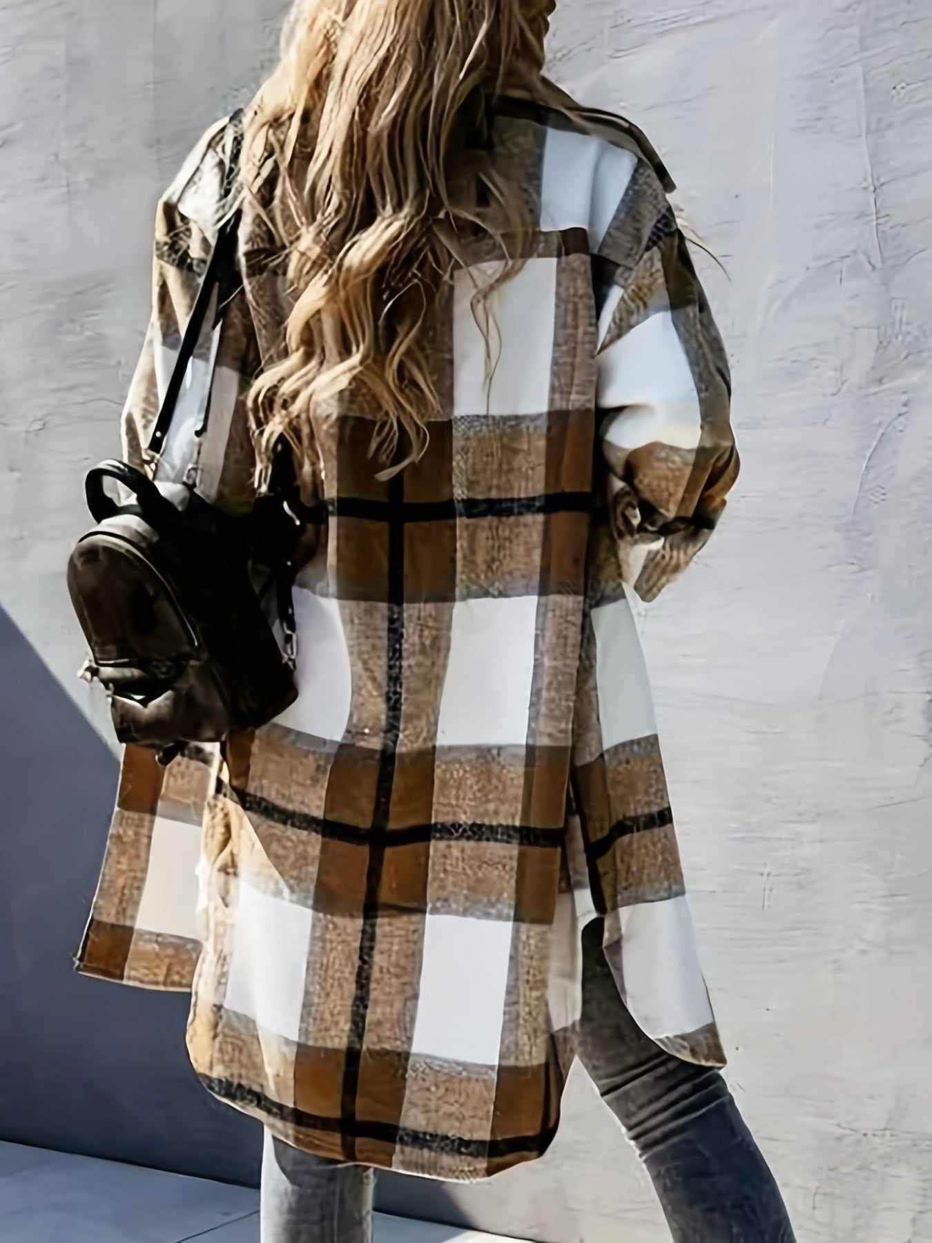 Stylish Plaid Print Womens Long Jacket - Relaxed Casual Button Front with Flap Pockets - Durable Outerwear for Everyday Fashion