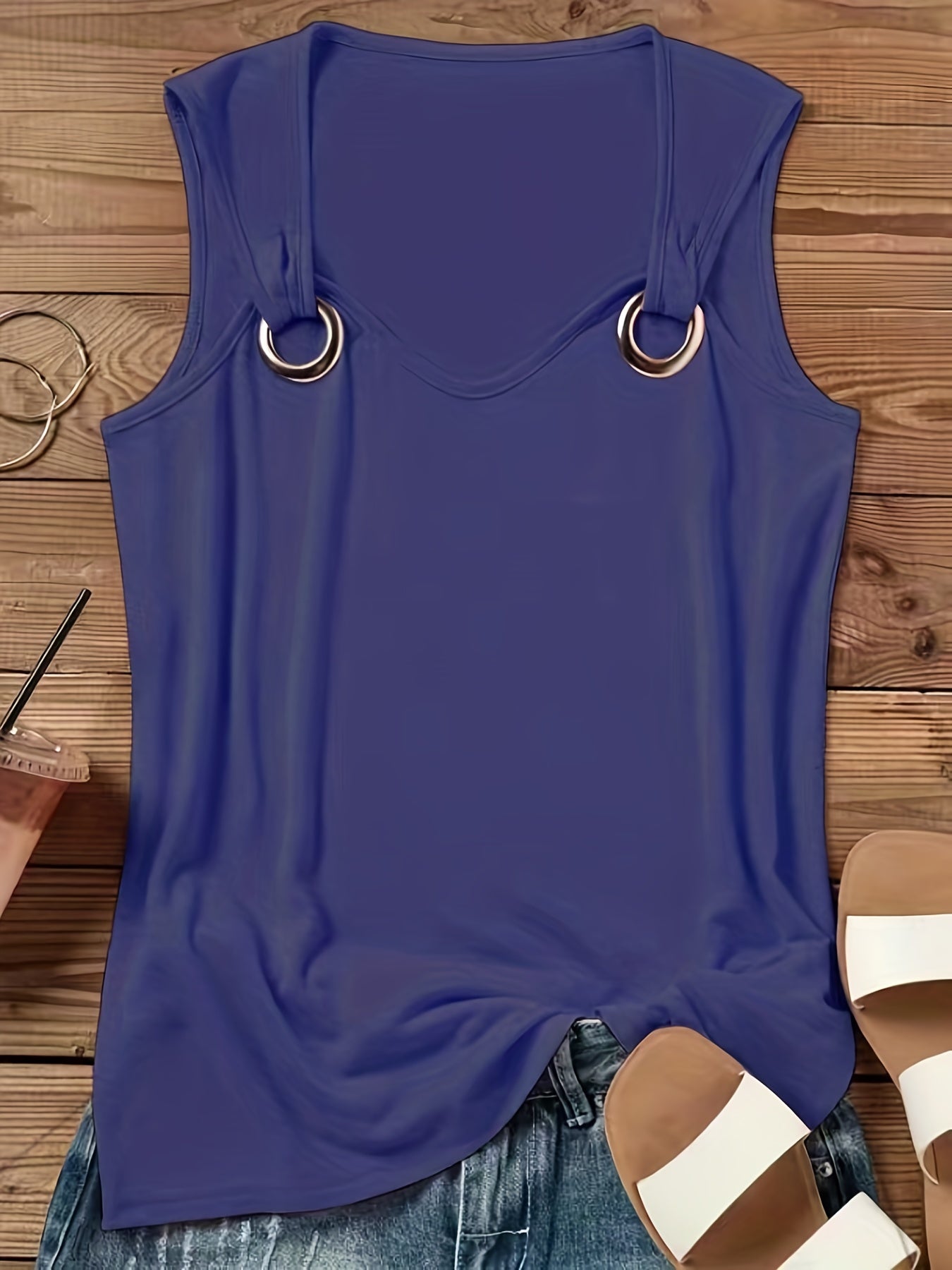 Women's Casual Sleeveless Crew Neck Tank Top - Vibrant Coral Solid Color with Keyhole Cutouts & Ring Detail, Lightweight Summer Top, Machine Washable, Ladies Tank Tops, Easycare Clothing