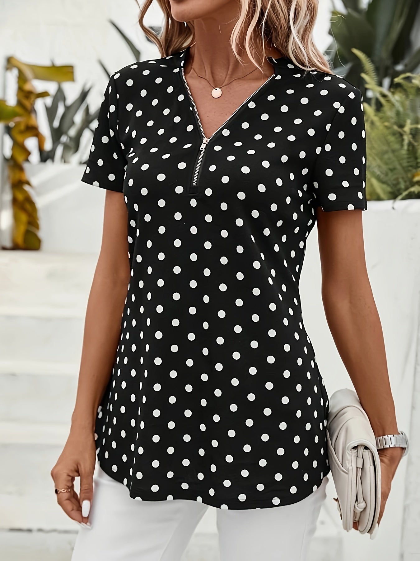 Elegant V Neck Short Sleeve Blouse - Polka Dots Print, Zipper Front, For Spring & Summer, Women's Clothing