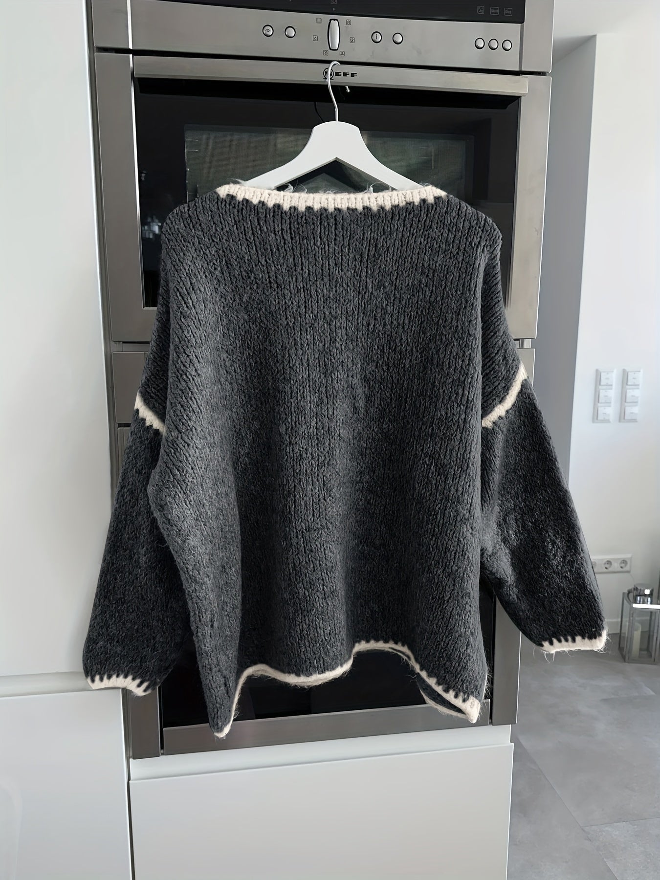 Solid Off-the-Shoulder Color Block Knit Sweater - Casual, Polyester, Fall/Winter, Knit Fabric, 88.2 g/m²