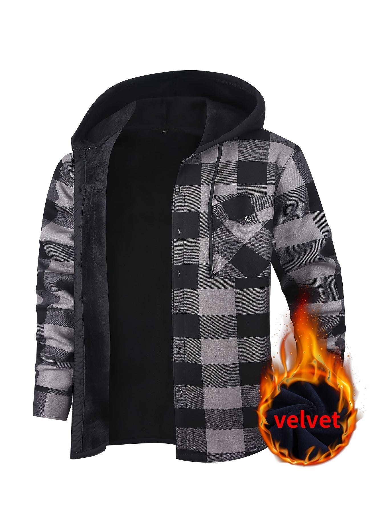 Men's Fleece-Lined Hoodie - Casual & Sporty, Plaid Pullover with Button Detail, Long Sleeve, Loose Fit for Fall/Winter