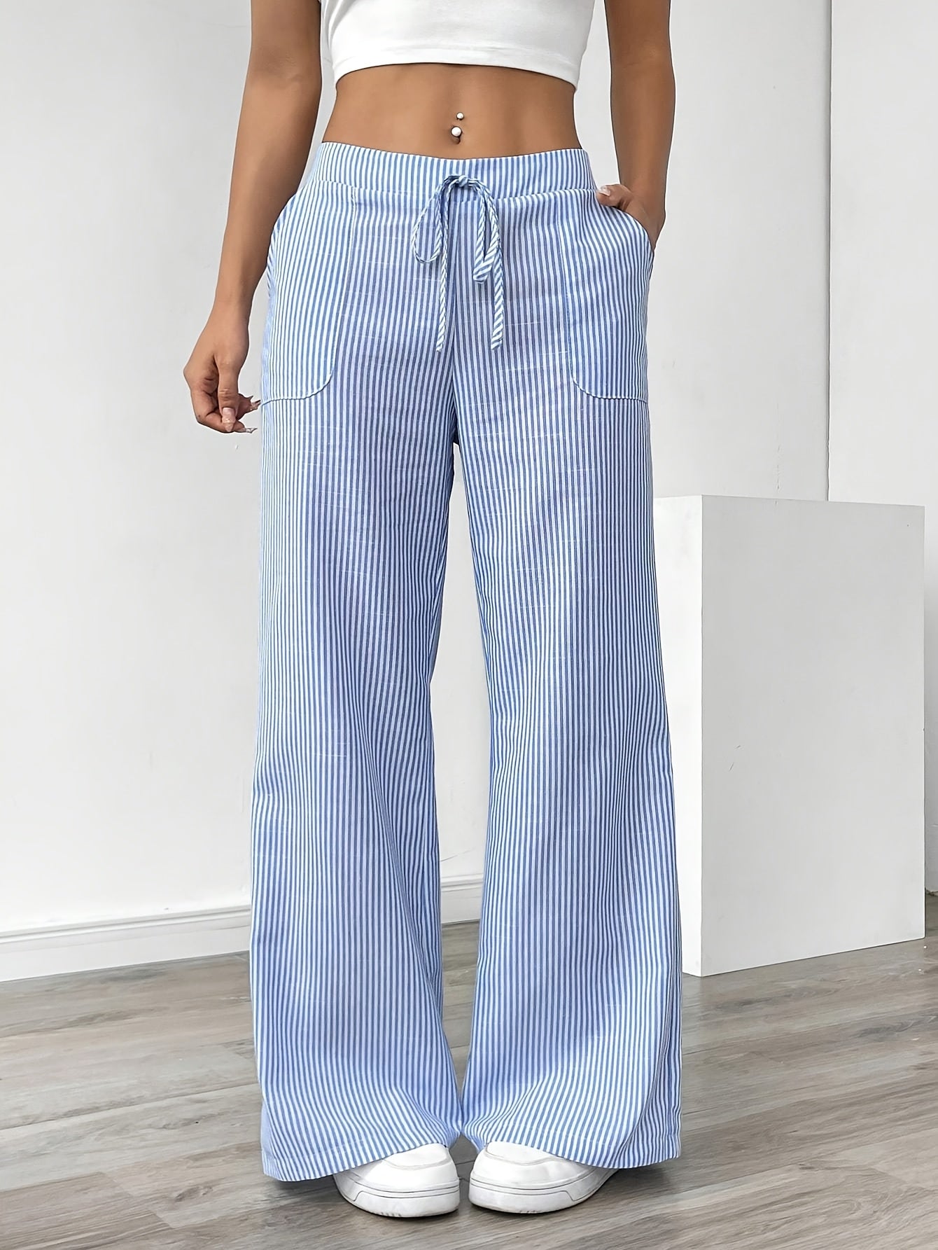 Slant Pockets Wide Leg Pants, Casual Striped Print Loose Drawstring Waist Pants For Spring & Summer, Women's Clothing