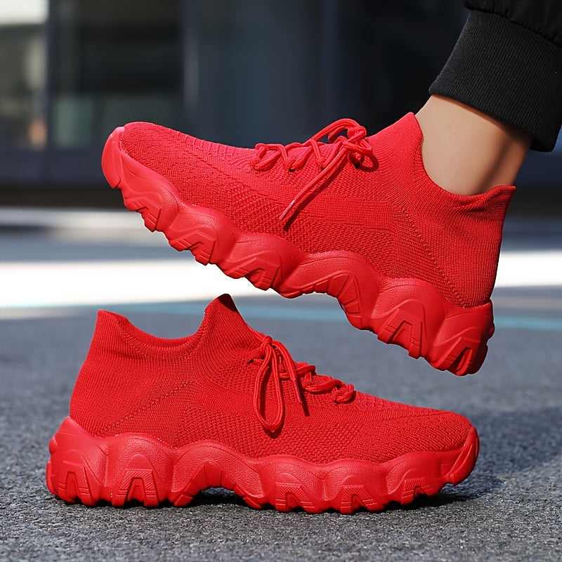 Men'S Casual Sneakers - Breathable Knit Upper, Geometric Pattern, Lace-Up Closure, Durable Rubber Sole, Comfortable Fabric Lining for Spring Sports & Casual Attire, Athletic Footwear | Geometric Pattern Shoes | Knit Construction, Sneakers