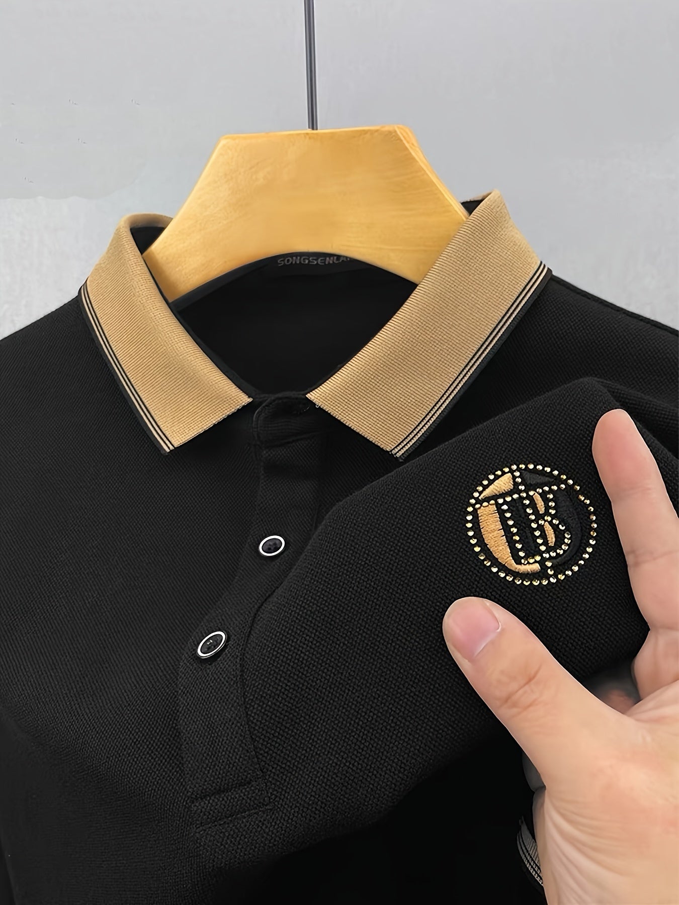 Men'S Summer Short Sleeve Polo Shirt, Embroidered Geometric Pattern, Casual Polyester Knit Fabric, Regular Fit, Half Placket, 160g/m² - Solid Color Top with Hotfix Rhinestones