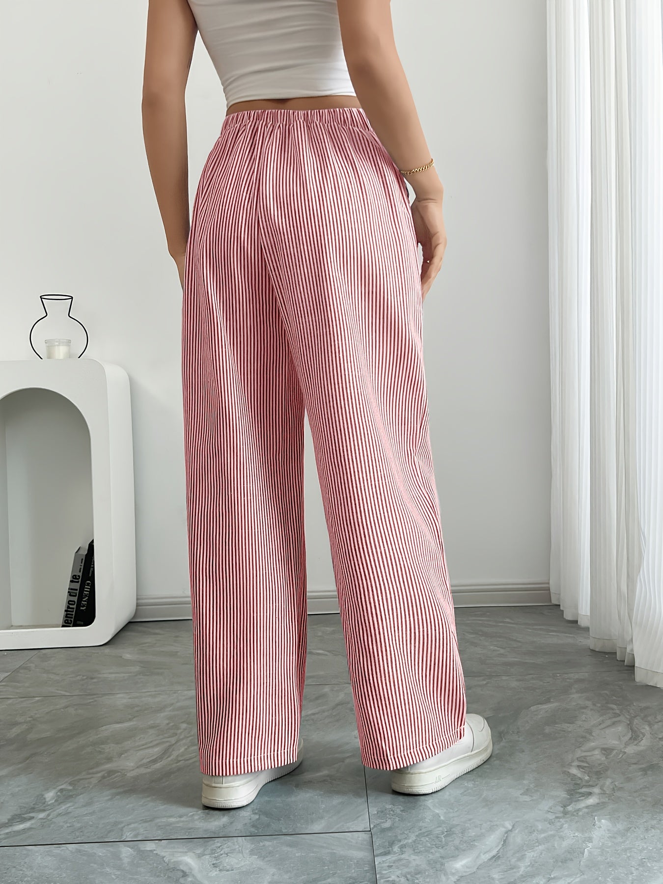 Slant Pockets Wide Leg Pants, Casual Striped Print Loose Drawstring Waist Pants For Spring & Summer, Women's Clothing