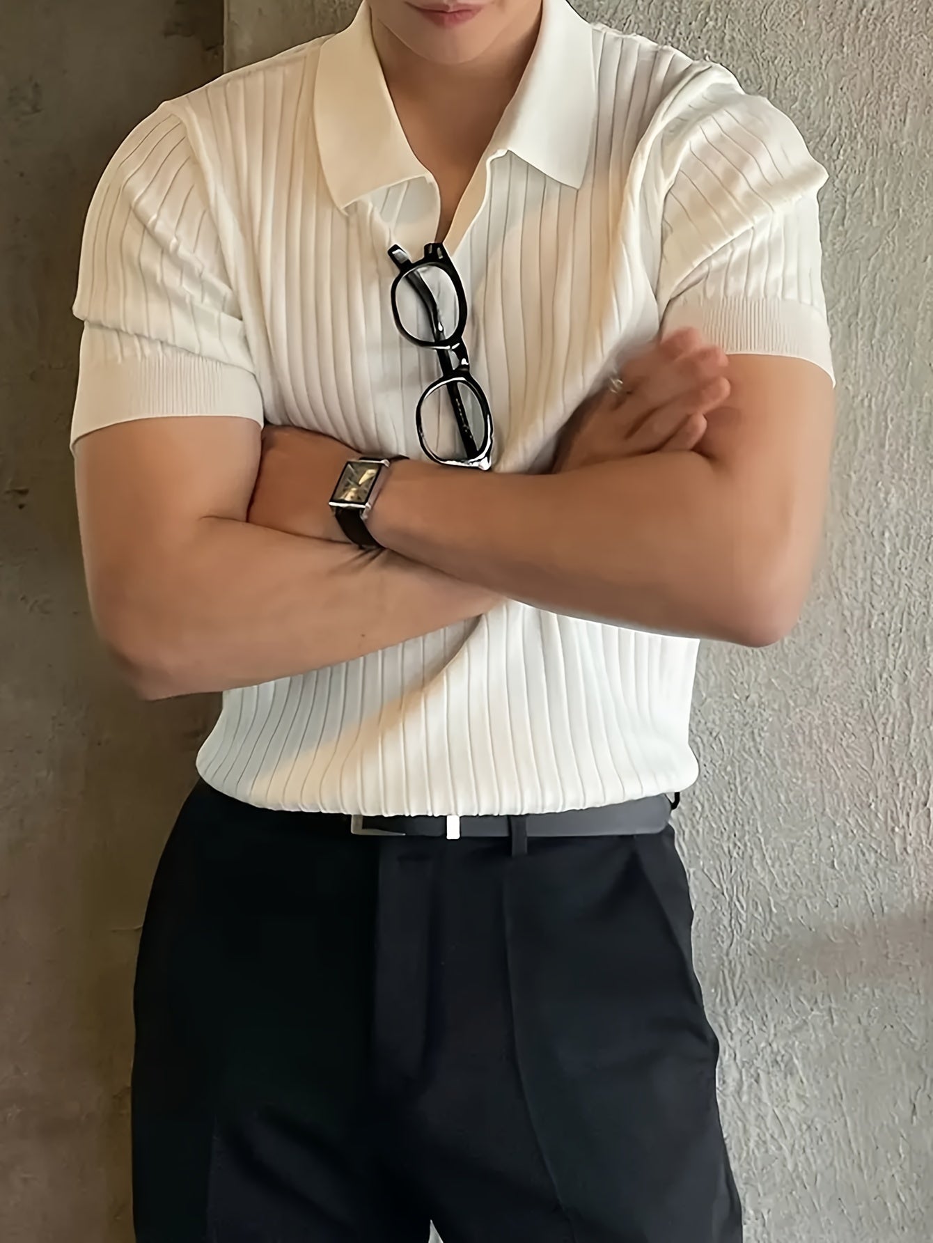 2024 New Men'S Small Hole Short Sleeve Polo Shirt Knitted Sweater - Beige, Medium Stretch, Solid Color, Regular Fit, All-Season Casual Wear, Casual Wear Sweater|Minimalist Style|Knit Construction, Sweater Vest