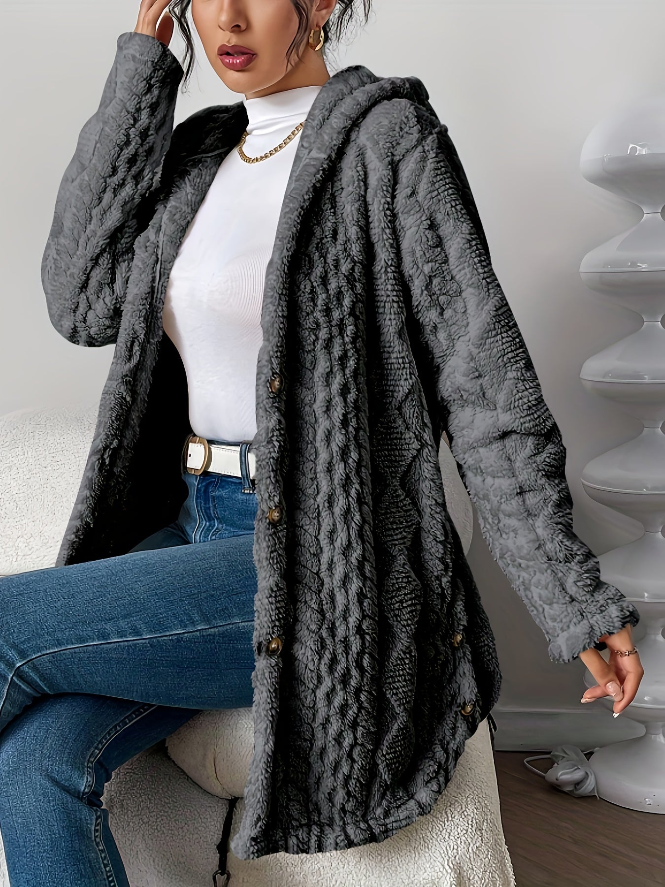 Autumn-Winter Warm Fashion Jacquard Plush Hooded Cardigan Coat