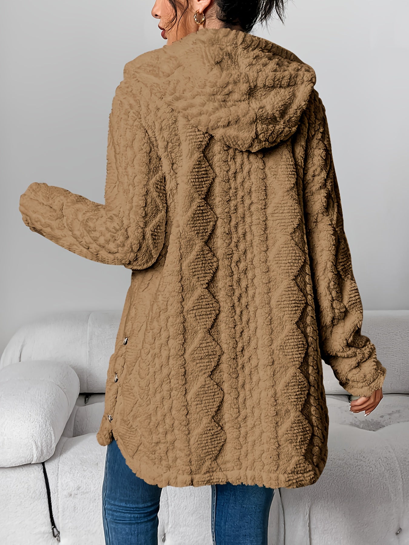 Autumn-Winter Warm Fashion Jacquard Plush Hooded Cardigan Coat