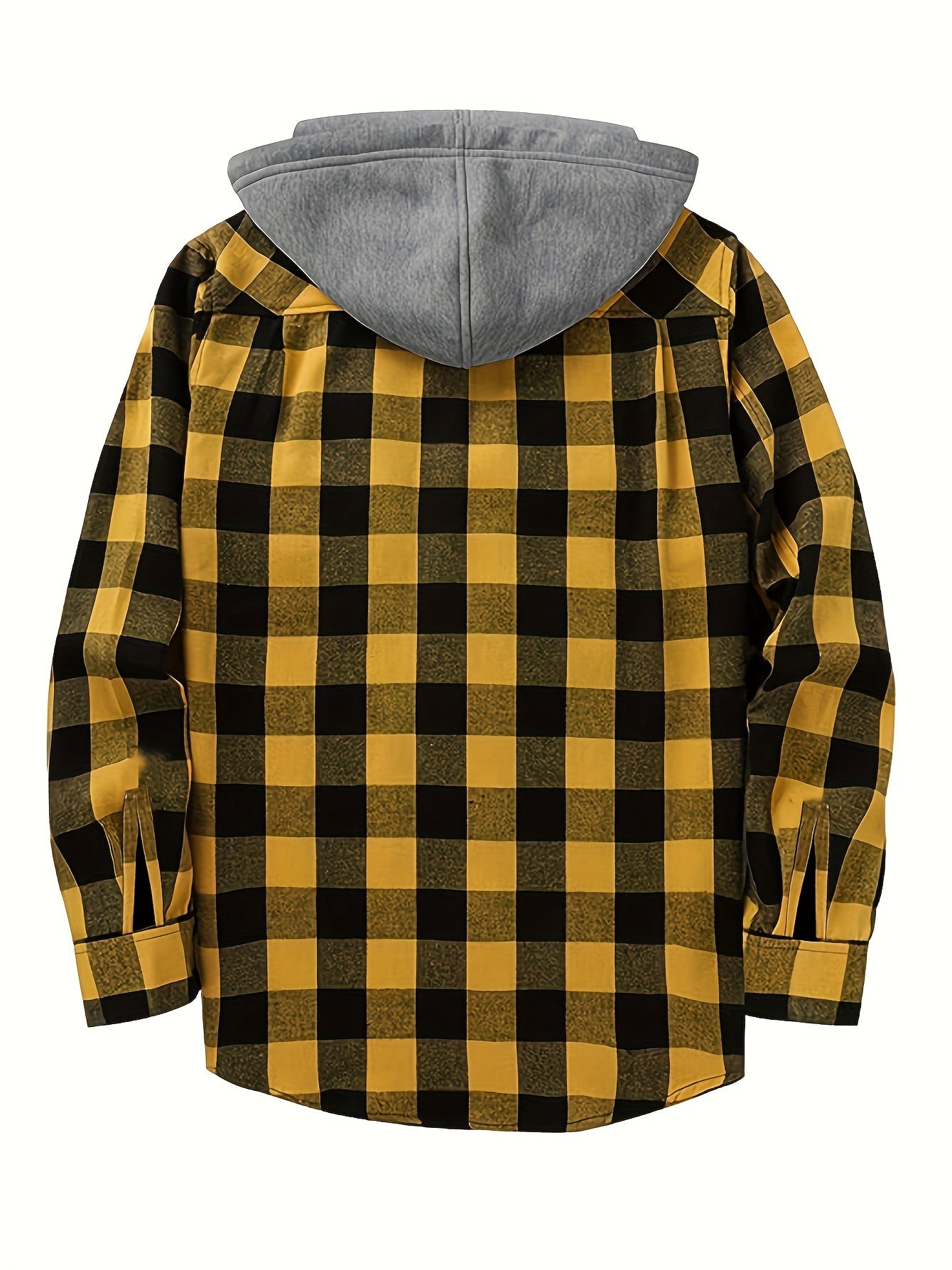 Men's Casual Plaid Hoodie Shirt - Long Sleeve Button-Up with Drawstring Hood, Red & Yellow Gingham Print, Polyester Blend, Comfortable and Stylish for Casual Attire, Essential Hoodie
