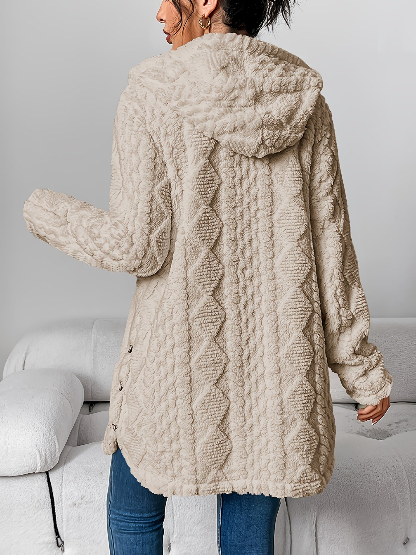 Autumn-Winter Warm Fashion Jacquard Plush Hooded Cardigan Coat
