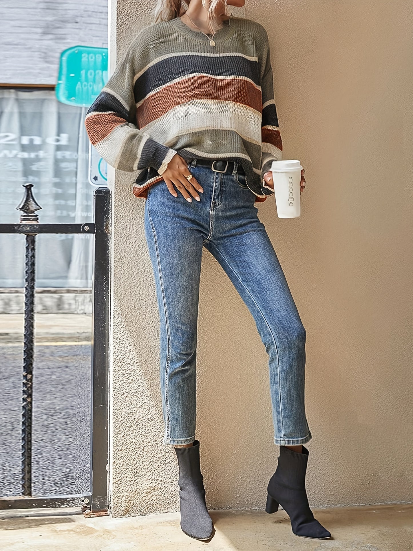 Women'S Color Block Striped Pullover Sweater - Cozy Long Sleeve Crew Neck, Loose Fit, Fall/Winter Casual Top with Green, Brown, and Beige Stripes, Casual Winter Wear | Relaxed Fit Top | Construction, Sweater Dress, Fall Clothe For Women, Fall Sw