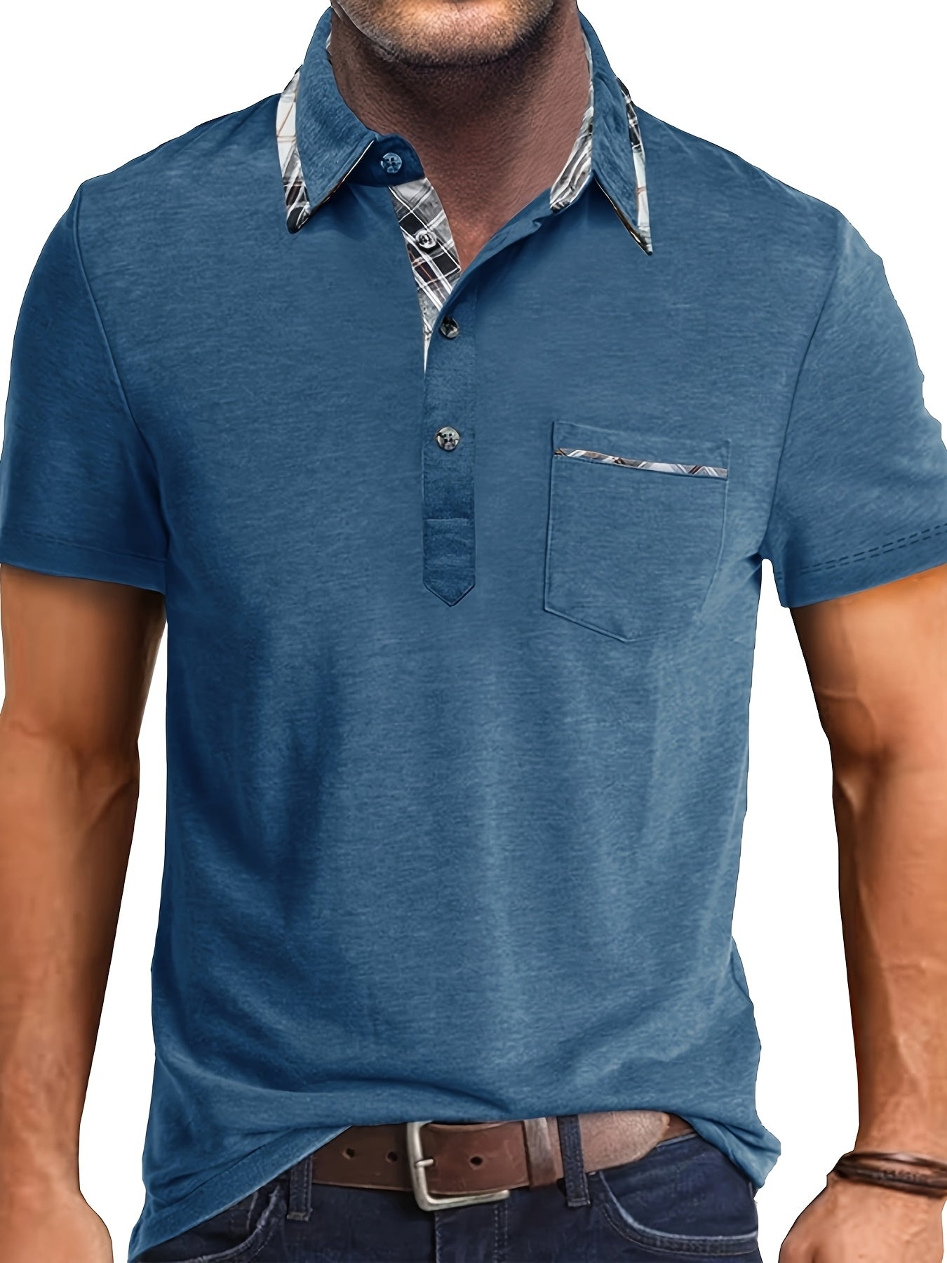 Men'S Plus Size Short Sleeve Polo Shirt with Plaid Collar and Button Details - Casual Summer Style, Regular Fit, Slight Stretch Fabric, Plus Size Shirts, PLUS SIZE