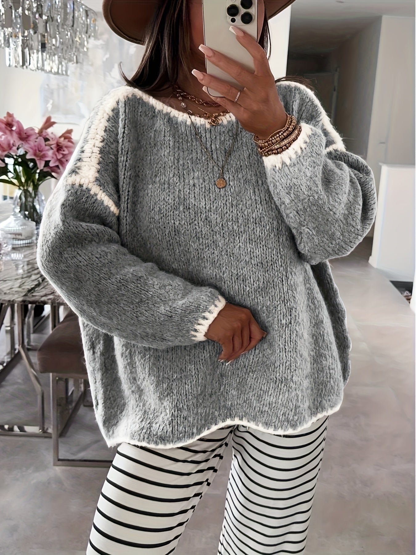 Solid Off-the-Shoulder Color Block Knit Sweater - Casual, Polyester, Fall/Winter, Knit Fabric, 88.2 g/m²