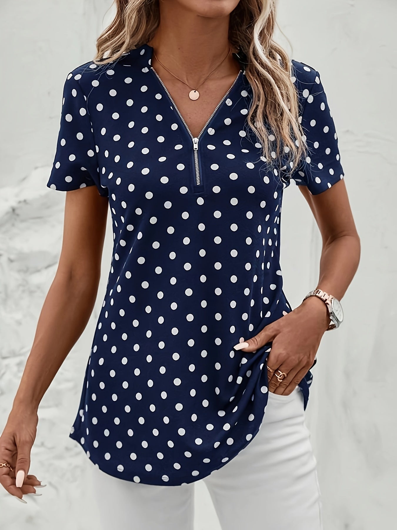 Elegant V Neck Short Sleeve Blouse - Polka Dots Print, Zipper Front, For Spring & Summer, Women's Clothing