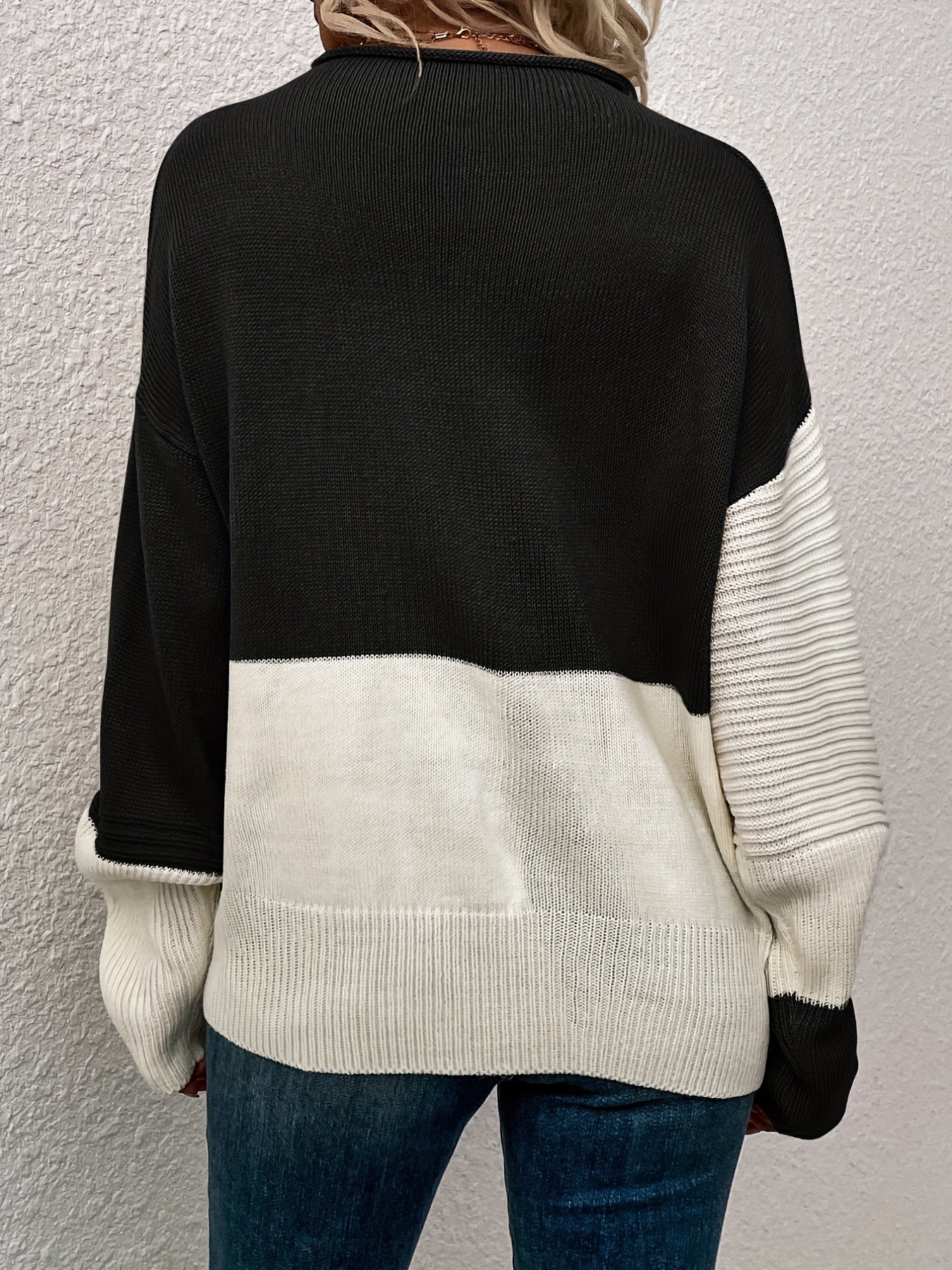 Womens Elegant Color Block Funnel Neck Pullover Sweater - Soft High Elasticity Acrylic Knit Fabric, Long Sleeve Drop Shoulder Design, Easy Care Hand Wash or Dry Clean, Perfect for Fall and Winter - Classic Style for Casual Daily Wear