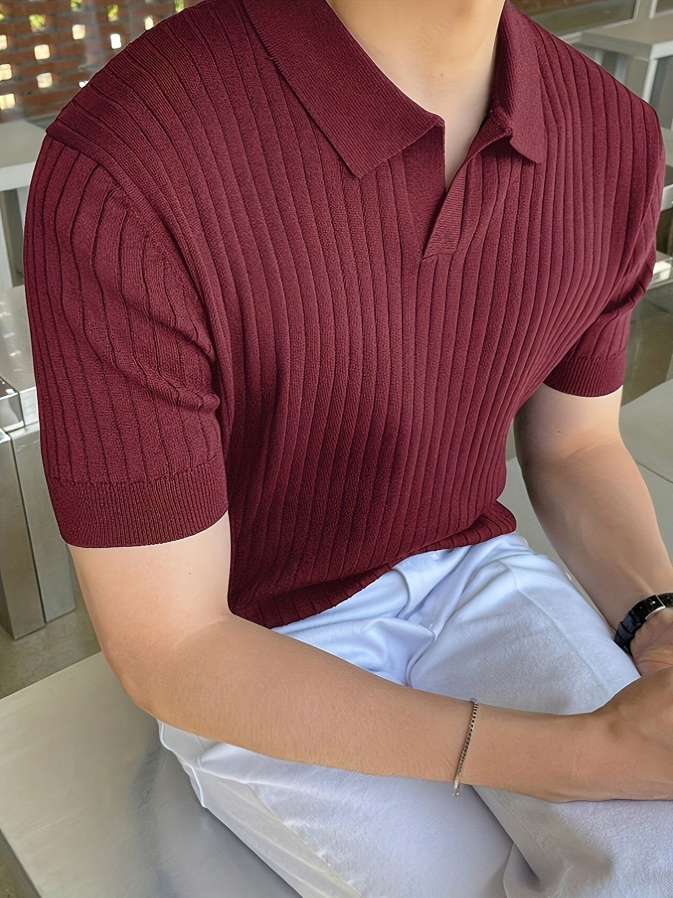 2024 New Men'S Small Hole Short Sleeve Polo Shirt Knitted Sweater - Beige, Medium Stretch, Solid Color, Regular Fit, All-Season Casual Wear, Casual Wear Sweater|Minimalist Style|Knit Construction, Sweater Vest