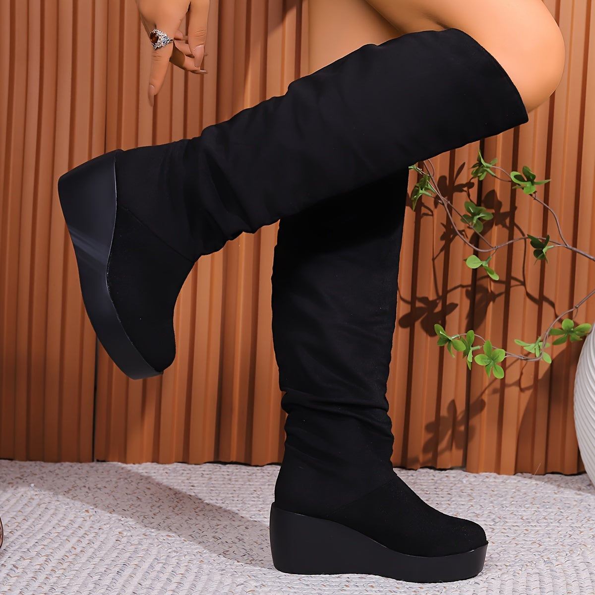 Timeless Black Faux Suede Knee-High Boots with Wedge