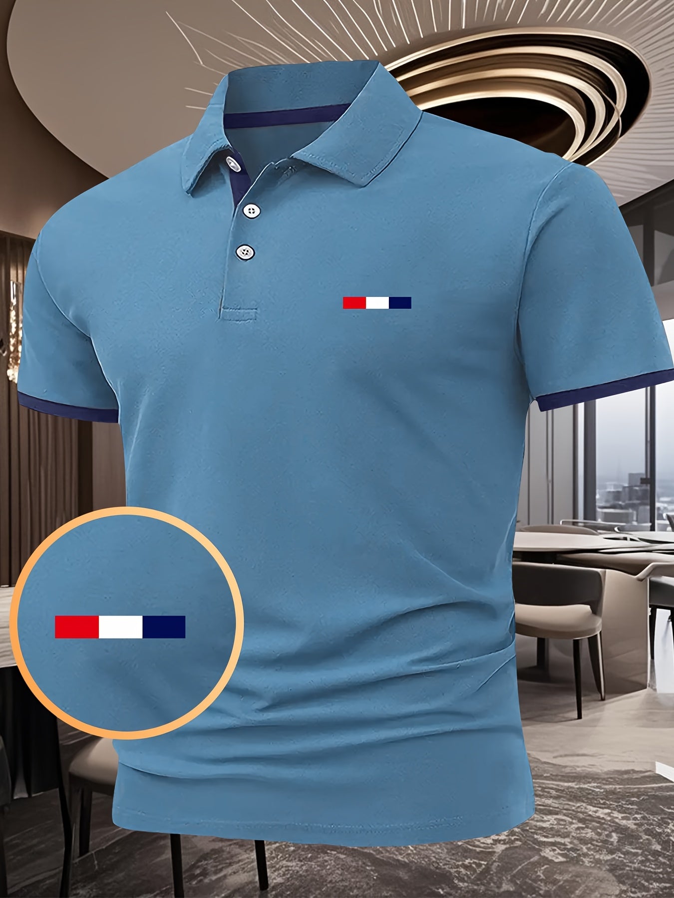Men'S Light Blue Polo Shirt with Geometric Print - Short Sleeve, Button-Up Collar, Casual Summer Top for Outdoor Sports & Leisure, Comfortable Fit, Casual Summer Wear | Geometric Print Shirt | Comfortable Fit Shirt