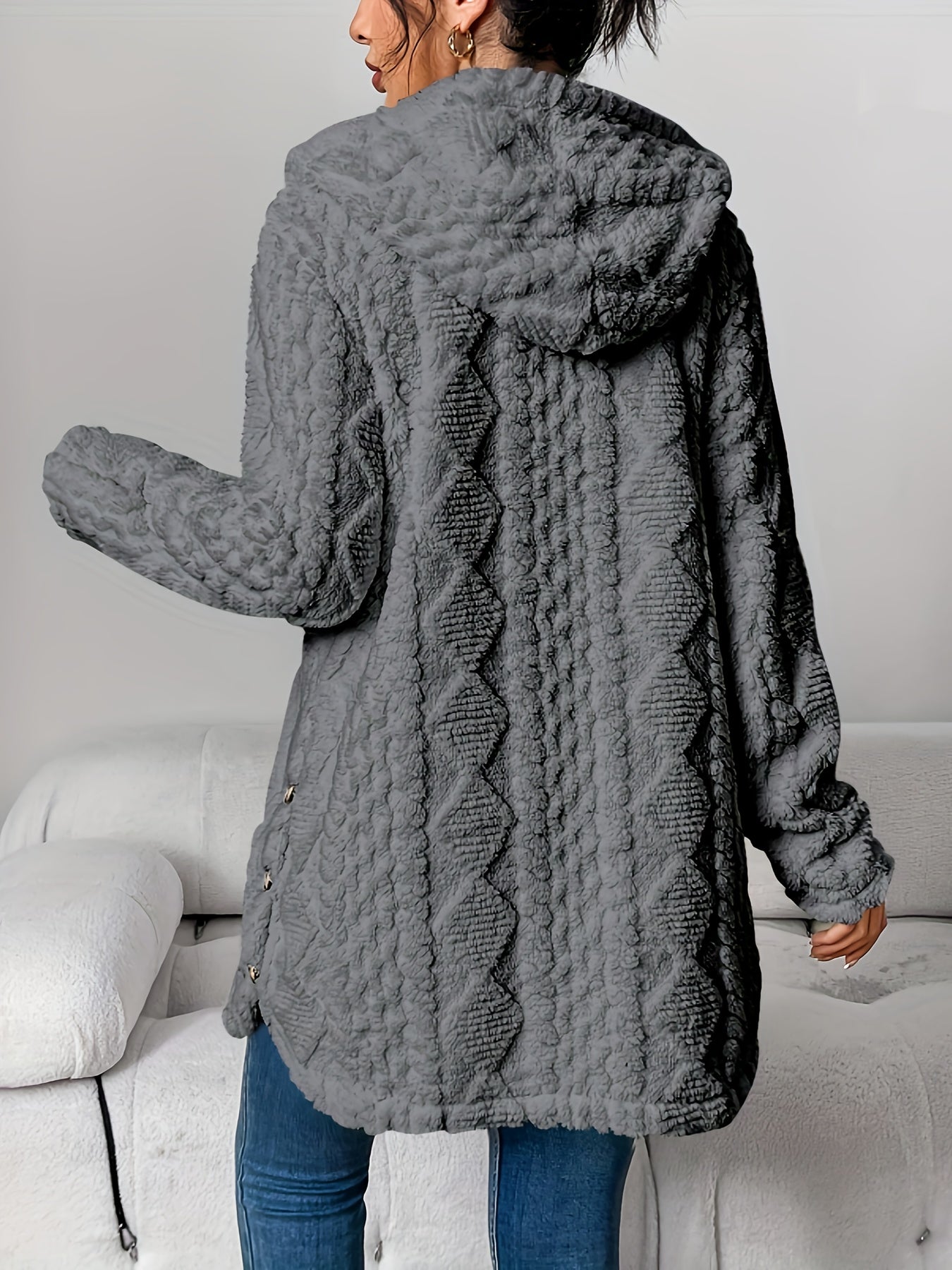 Autumn-Winter Warm Fashion Jacquard Plush Hooded Cardigan Coat