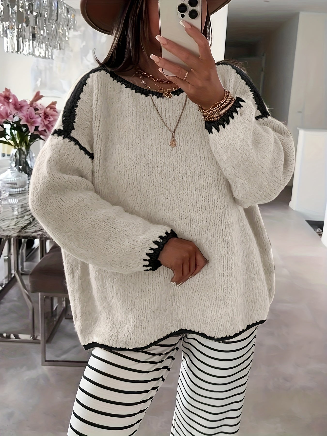Solid Off-the-Shoulder Color Block Knit Sweater - Casual, Polyester, Fall/Winter, Knit Fabric, 88.2 g/m²