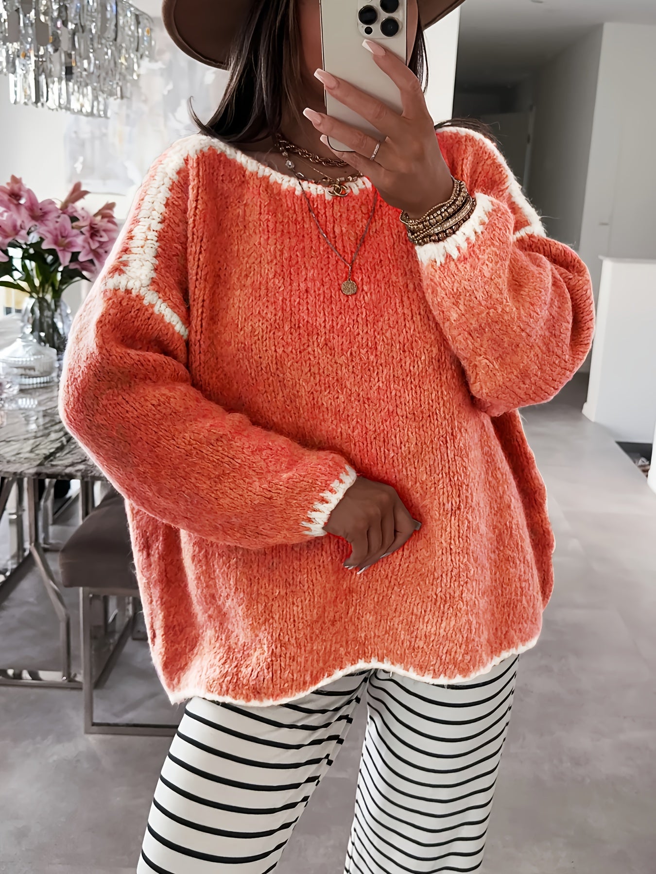 Solid Off-the-Shoulder Color Block Knit Sweater - Casual, Polyester, Fall/Winter, Knit Fabric, 88.2 g/m²