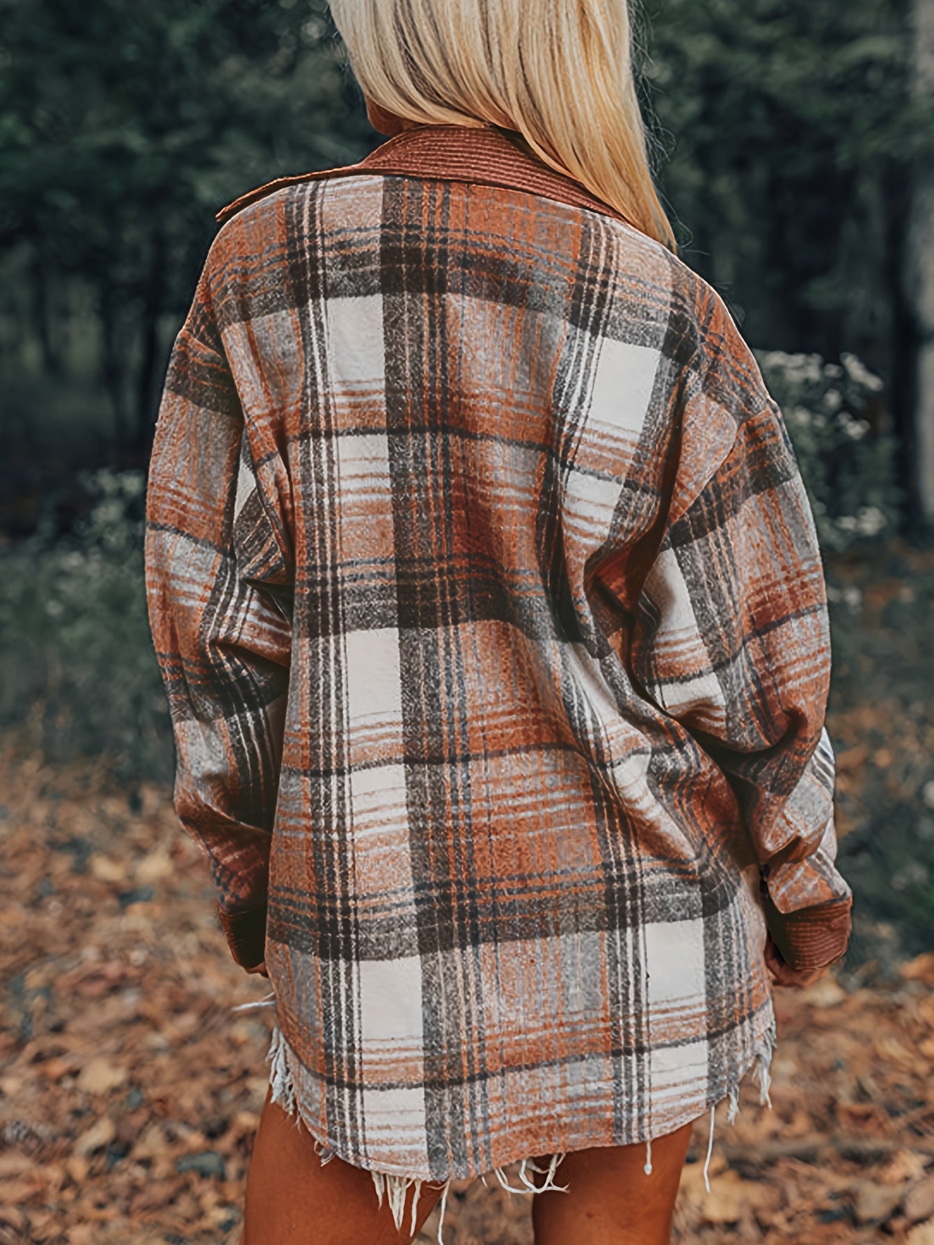 Plaid Print Drop Shoulder Jacket, Casual Lapel Neck Long Sleeve Button Front Jacket For Fall & Spring, Women's Clothing