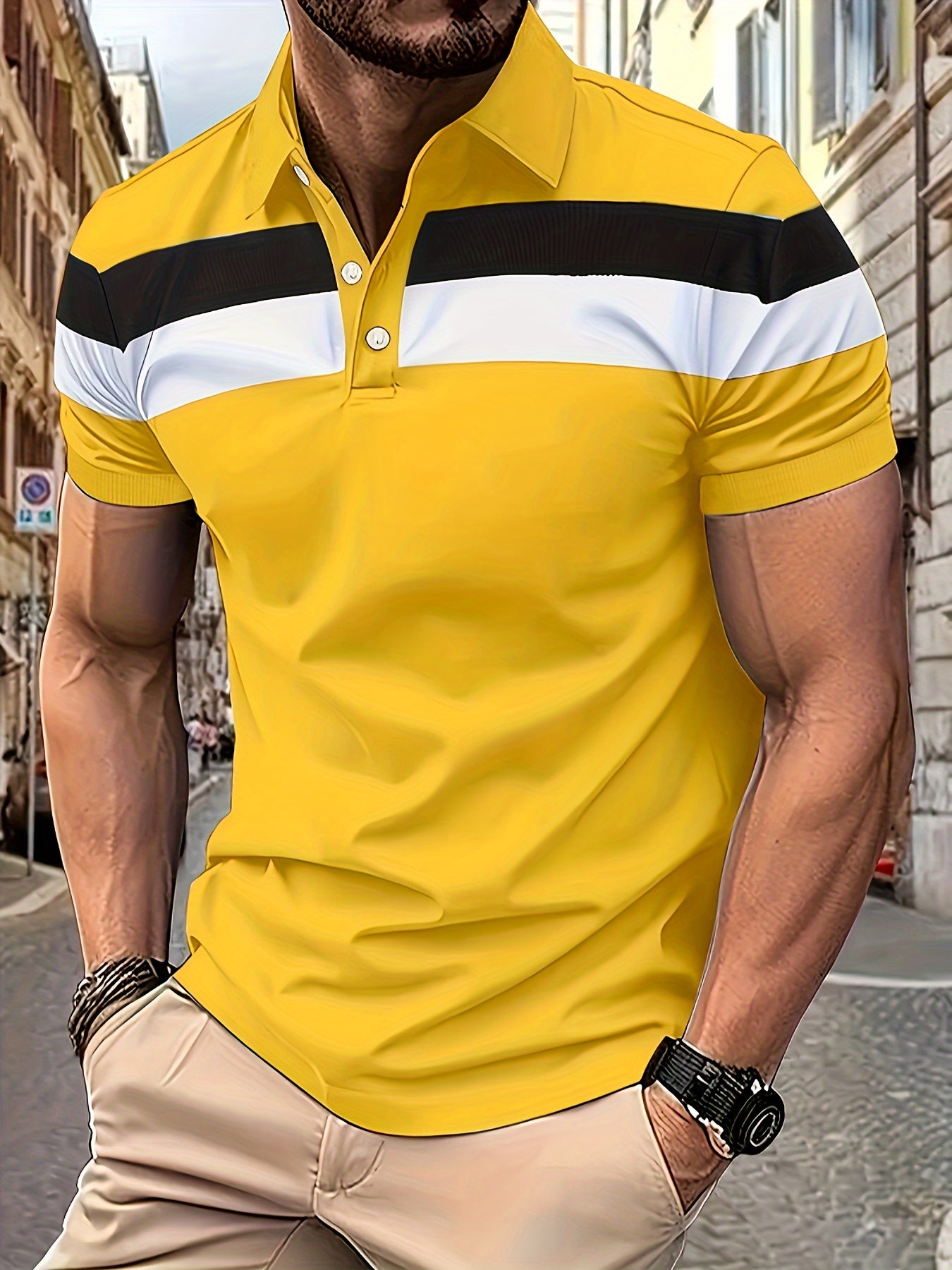 Casual Men's Color Block Short Sleeve Comfy Lapel Shirt For Golf Sports, Summer Men's Clothing