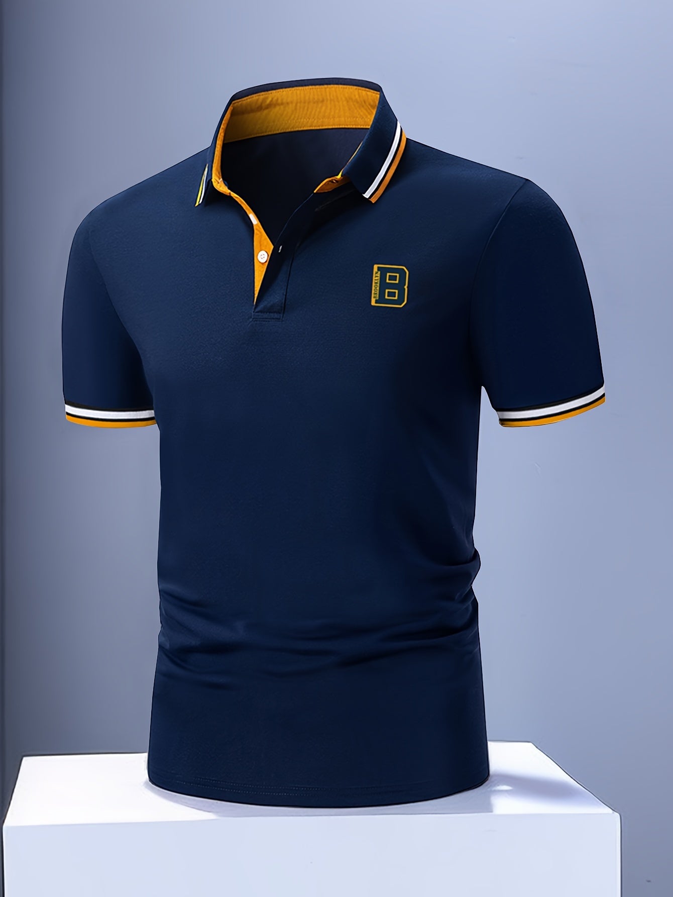 Men's Trendy Simple Letter Print Color Block Short Sleeve Button Up Lapel Shirt For Summer Daily, Golf Shirt