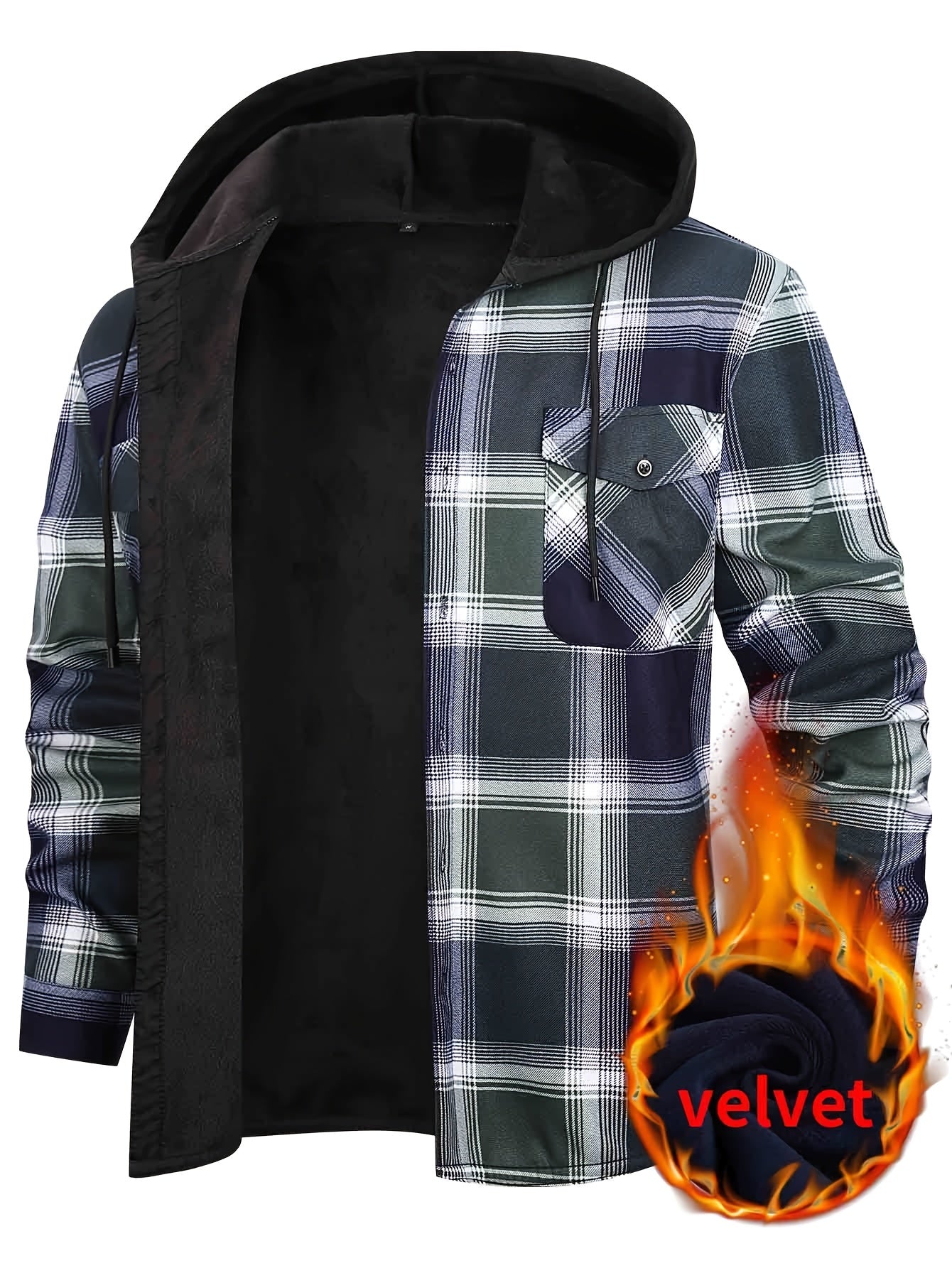 Men's Fleece-Lined Hoodie - Casual & Sporty, Plaid Pullover with Button Detail, Long Sleeve, Loose Fit for Fall/Winter