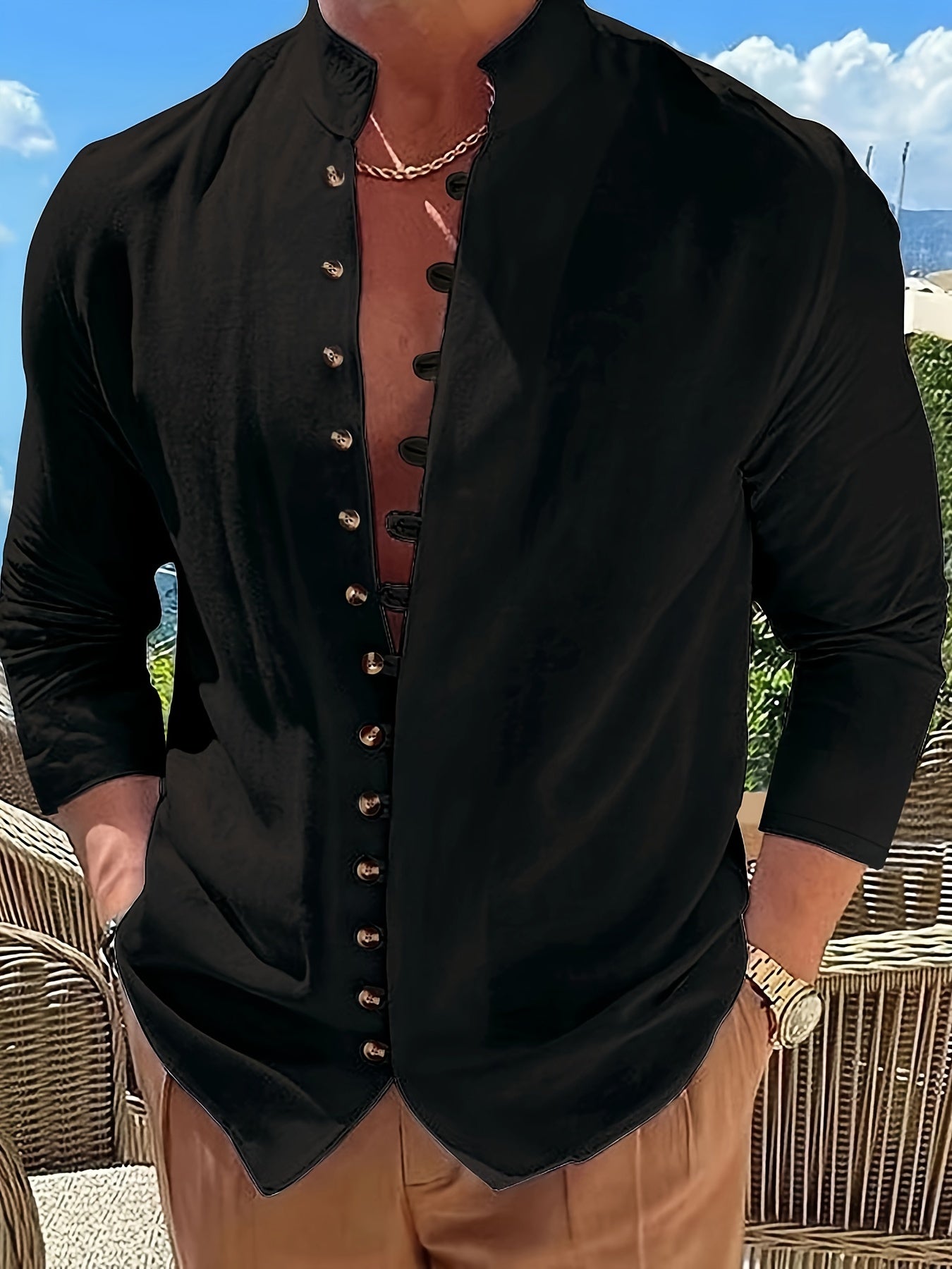 Men's Retro Casual Loose Long Sleeve Round Neck Button-Up Shirt, Gift for Eld, Gift for Ramadan