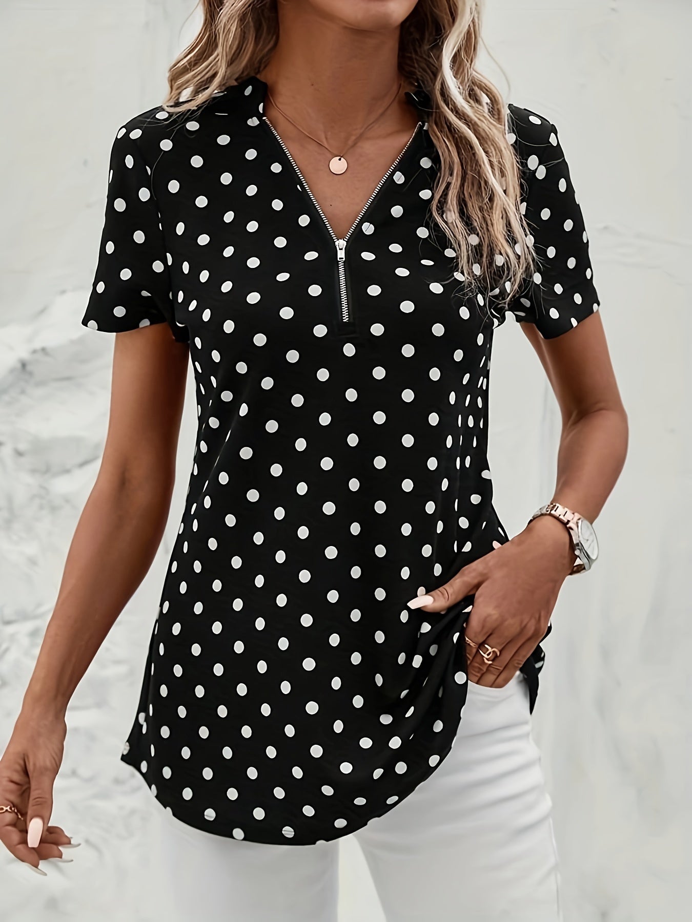Elegant V Neck Short Sleeve Blouse - Polka Dots Print, Zipper Front, For Spring & Summer, Women's Clothing
