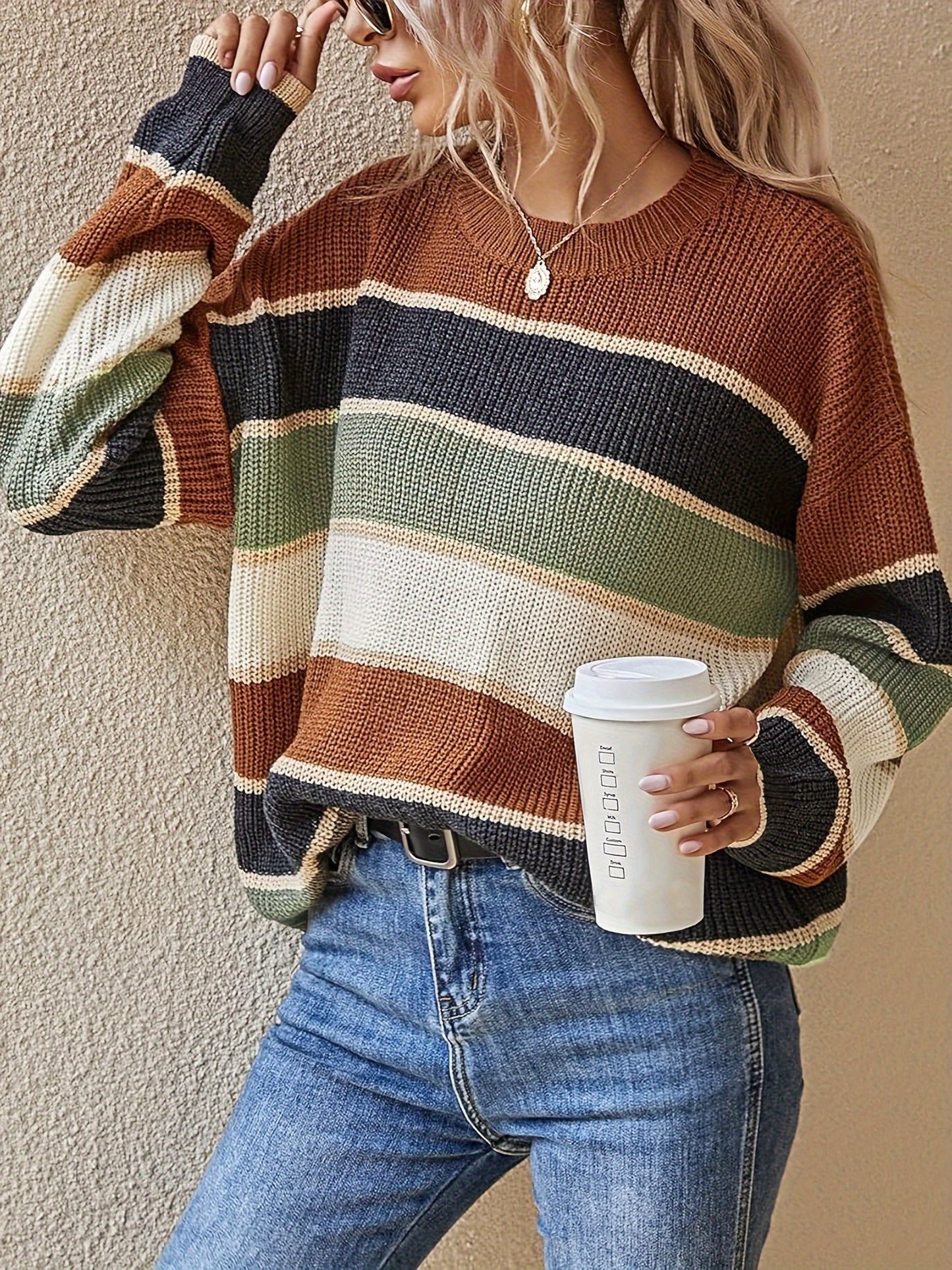 Women'S Color Block Striped Pullover Sweater - Cozy Long Sleeve Crew Neck, Loose Fit, Fall/Winter Casual Top with Green, Brown, and Beige Stripes, Casual Winter Wear | Relaxed Fit Top | Construction, Sweater Dress, Fall Clothe For Women, Fall Sw