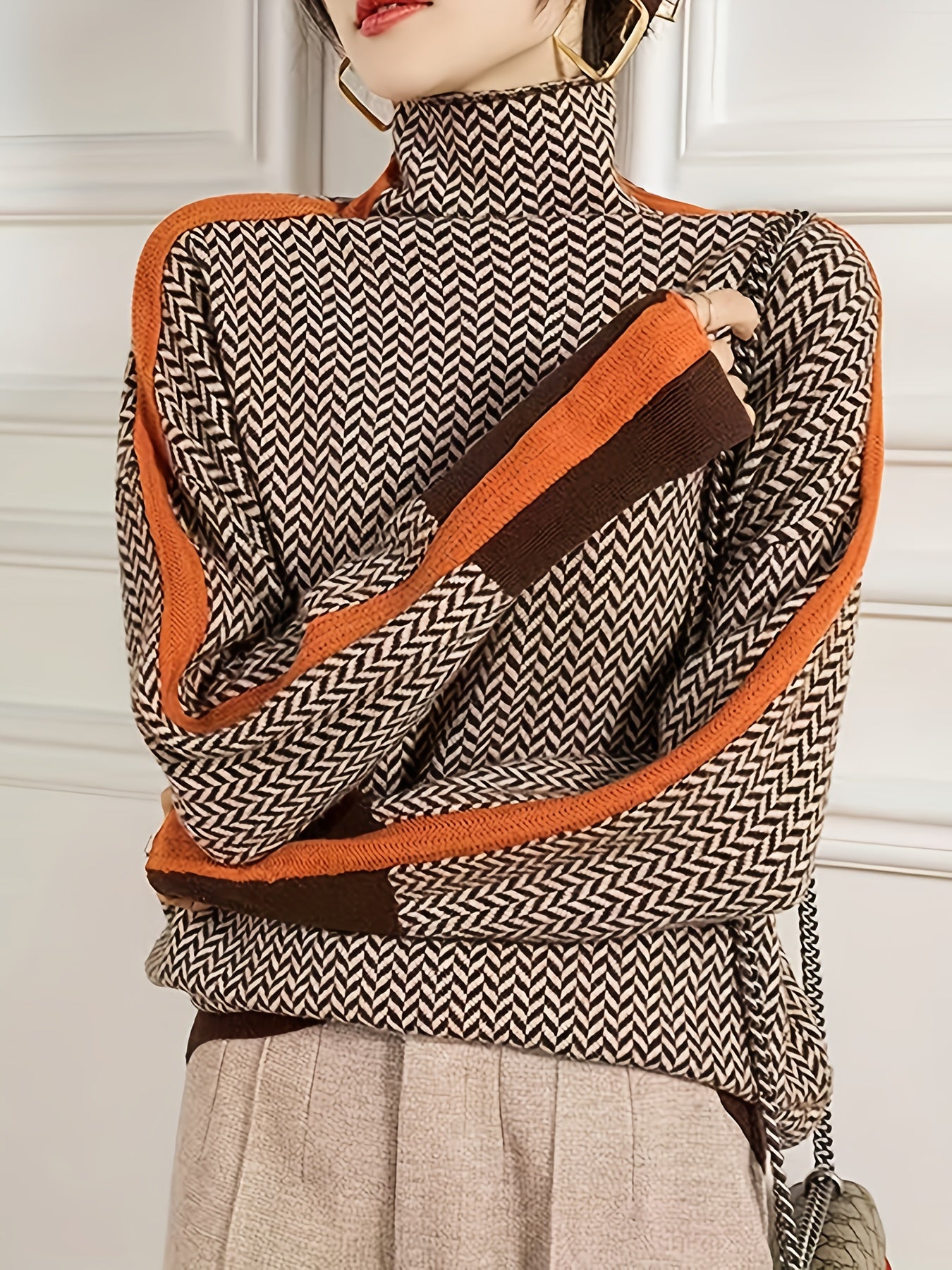 Women's Elegant Sweater - Chic Black, Brown, Beige, Orange Accent Sweater for Fall/Winter, Office, Party, Everyday Outfits - Non-Transparent Sweater Pullover, Cute Sweater, Fall Winter Clothing, Medium Elasticity Fabric