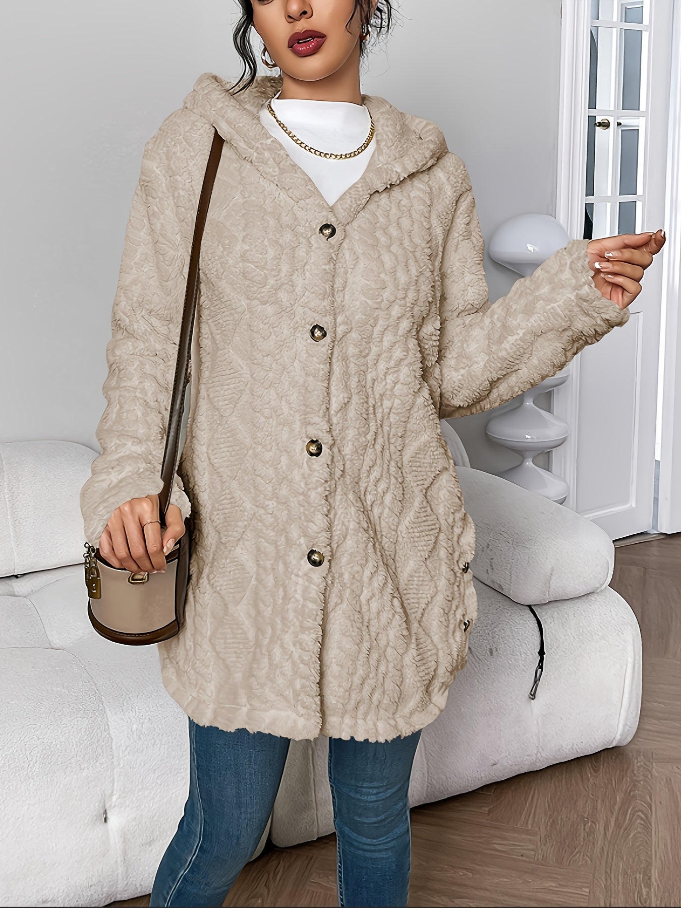 Autumn-Winter Warm Fashion Jacquard Plush Hooded Cardigan Coat