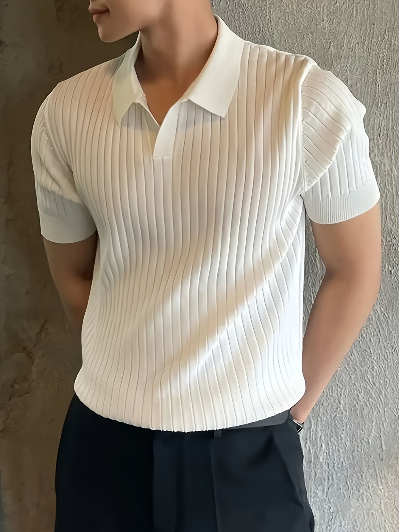 2024 New Men'S Small Hole Short Sleeve Polo Shirt Knitted Sweater - Beige, Medium Stretch, Solid Color, Regular Fit, All-Season Casual Wear, Casual Wear Sweater|Minimalist Style|Knit Construction, Sweater Vest