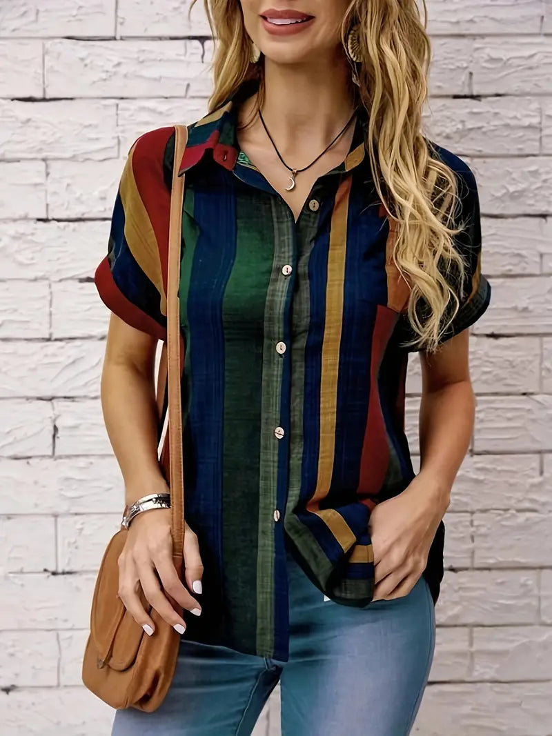 Striped Polyester Blouse Striped Print Button